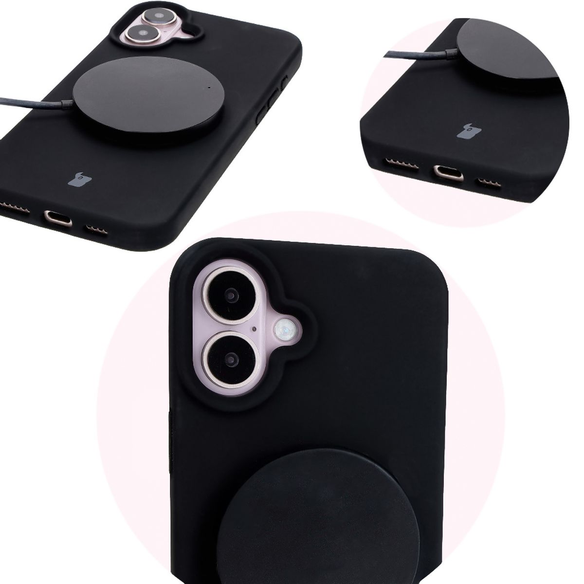 Close-up of precise cutouts and wireless charging capability in Bizon Soft Case