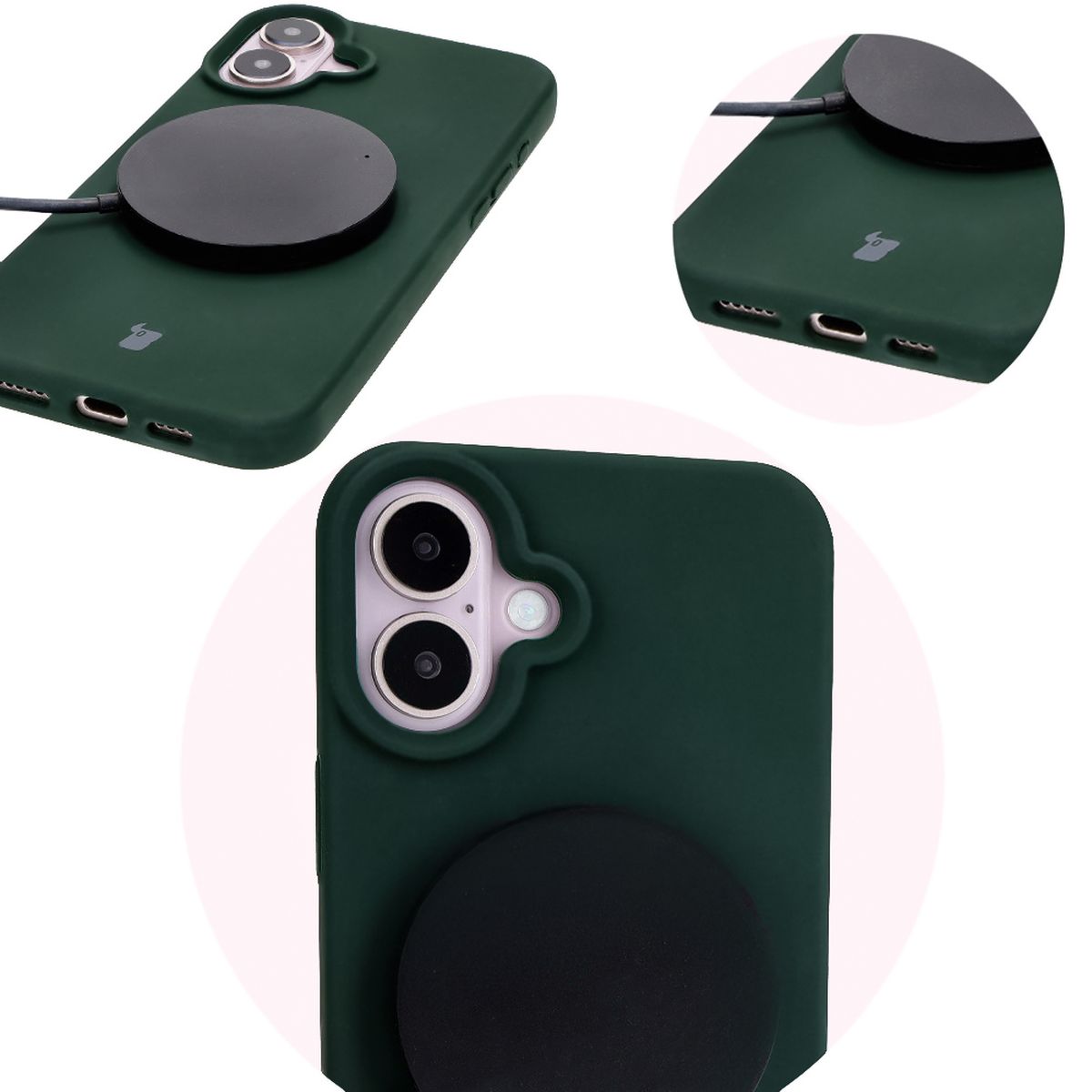 Prim-plan pe decupajele precise și posibilitatea de încărcare wireless în husa Bizon Soft Case