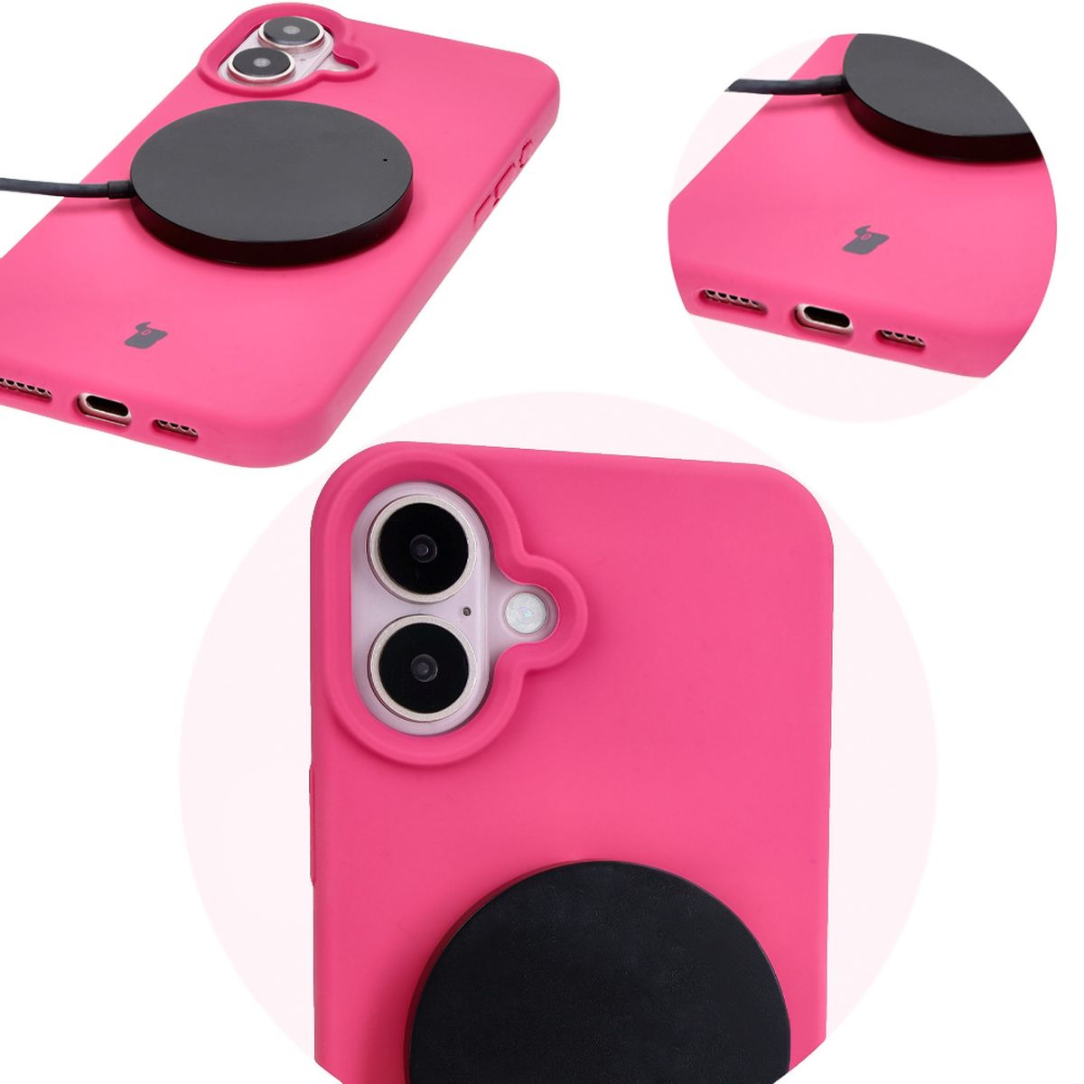 Prim-plan pe de cupririle precise și posibilitatea de încărcare wireless în husa Bizon Soft Case