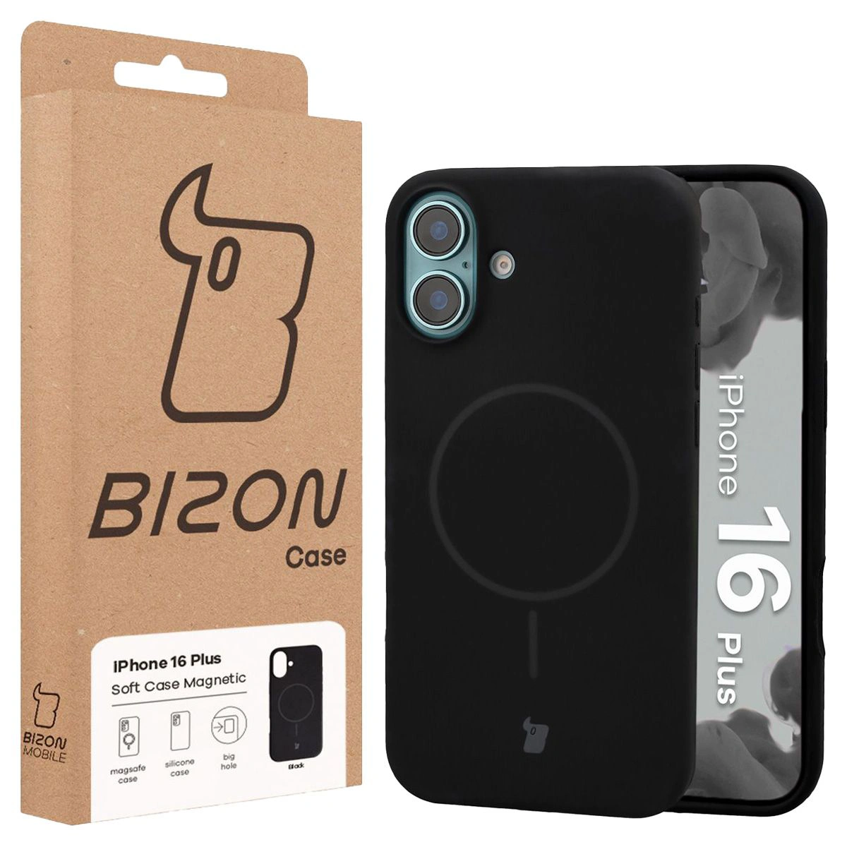 Przód pudełka Bizon Case z dedykowaną etykietą do Apple iPhone 16 Plus