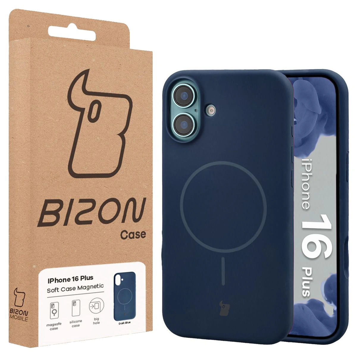 Przód pudełka Bizon Case z dedykowaną etykietą do Apple iPhone 16 Plus