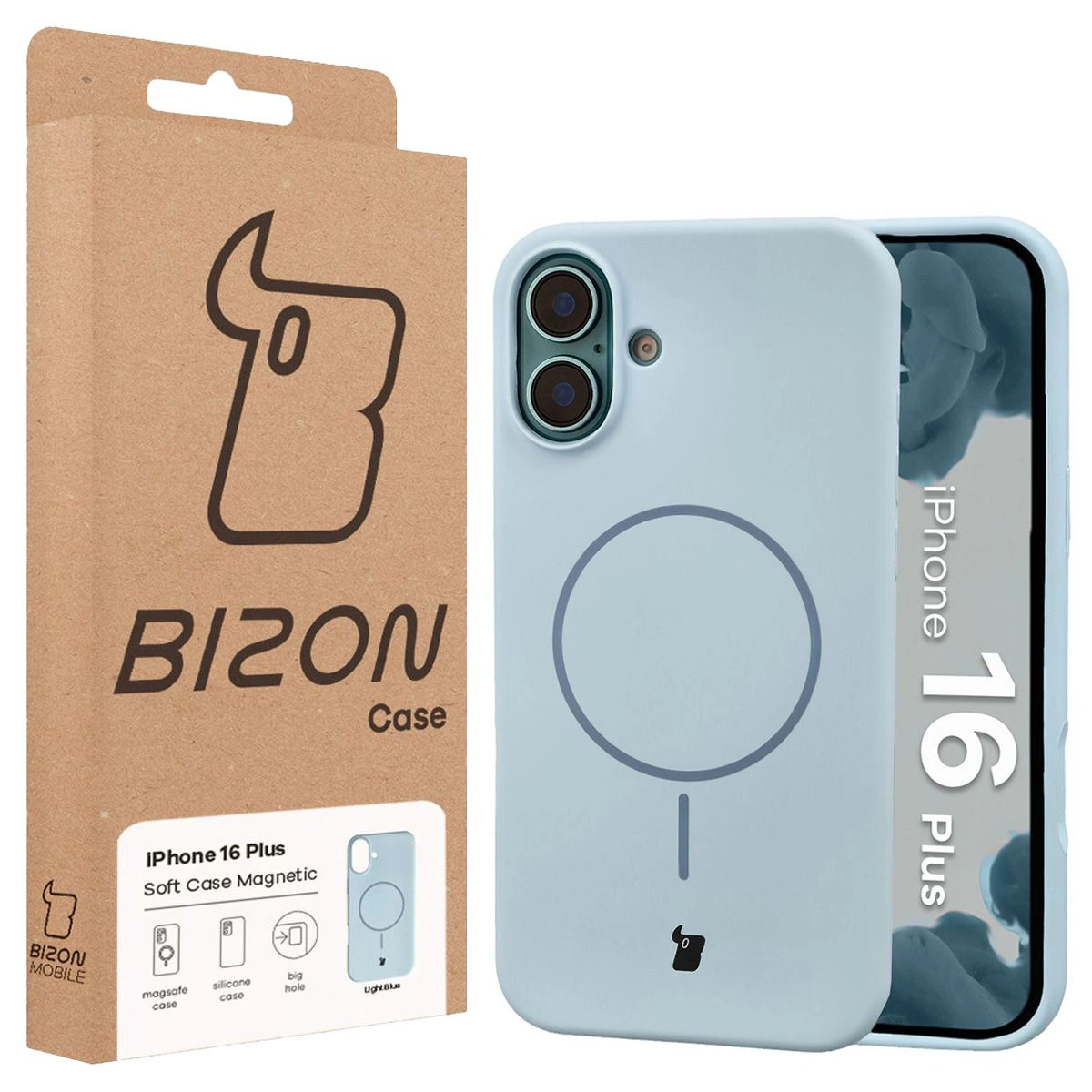 Przód pudełka Bizon Case z dedykowaną etykietą do Apple iPhone 16 Plus