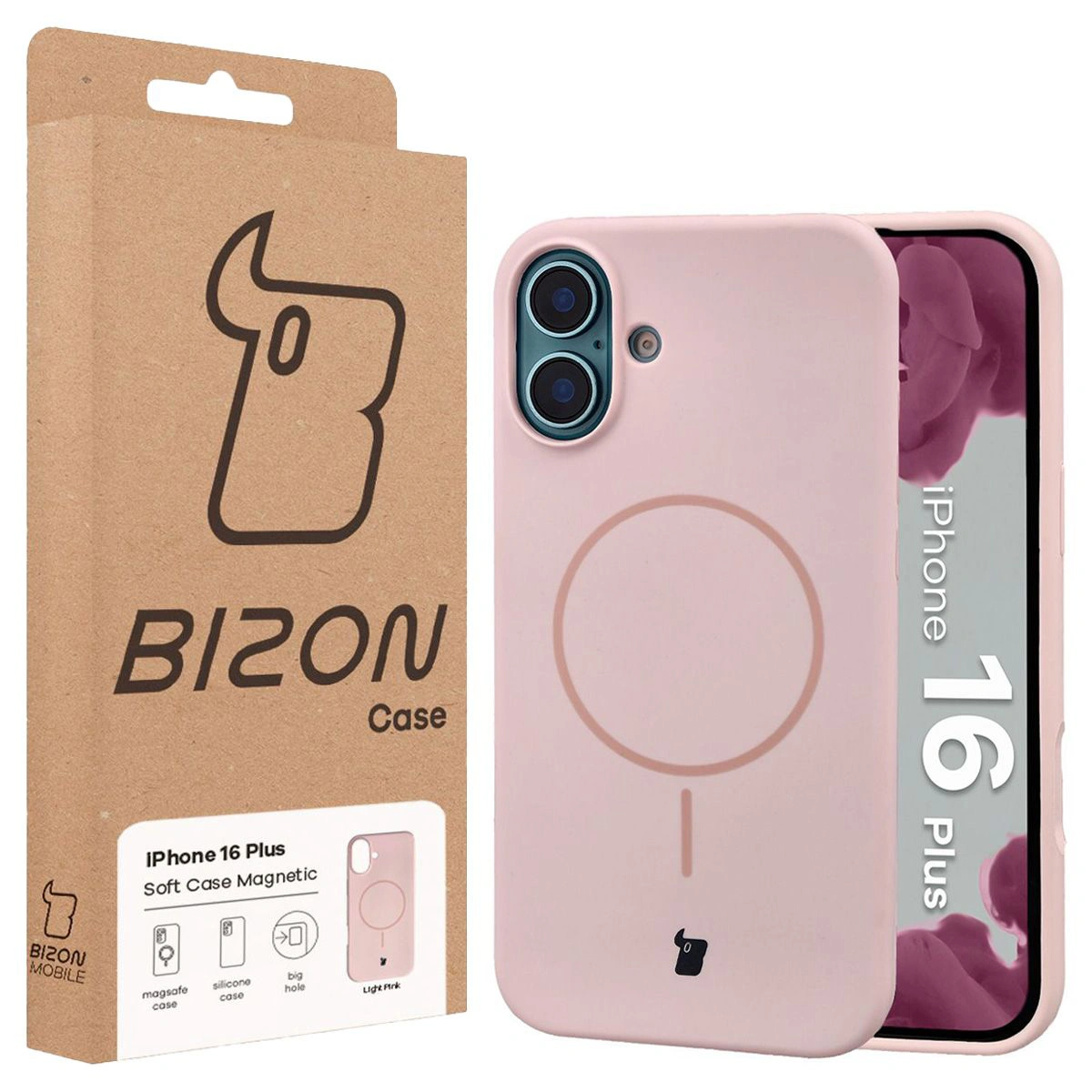 Przód pudełka Bizon Case z dedykowaną etykietą do Apple iPhone 16 Plus