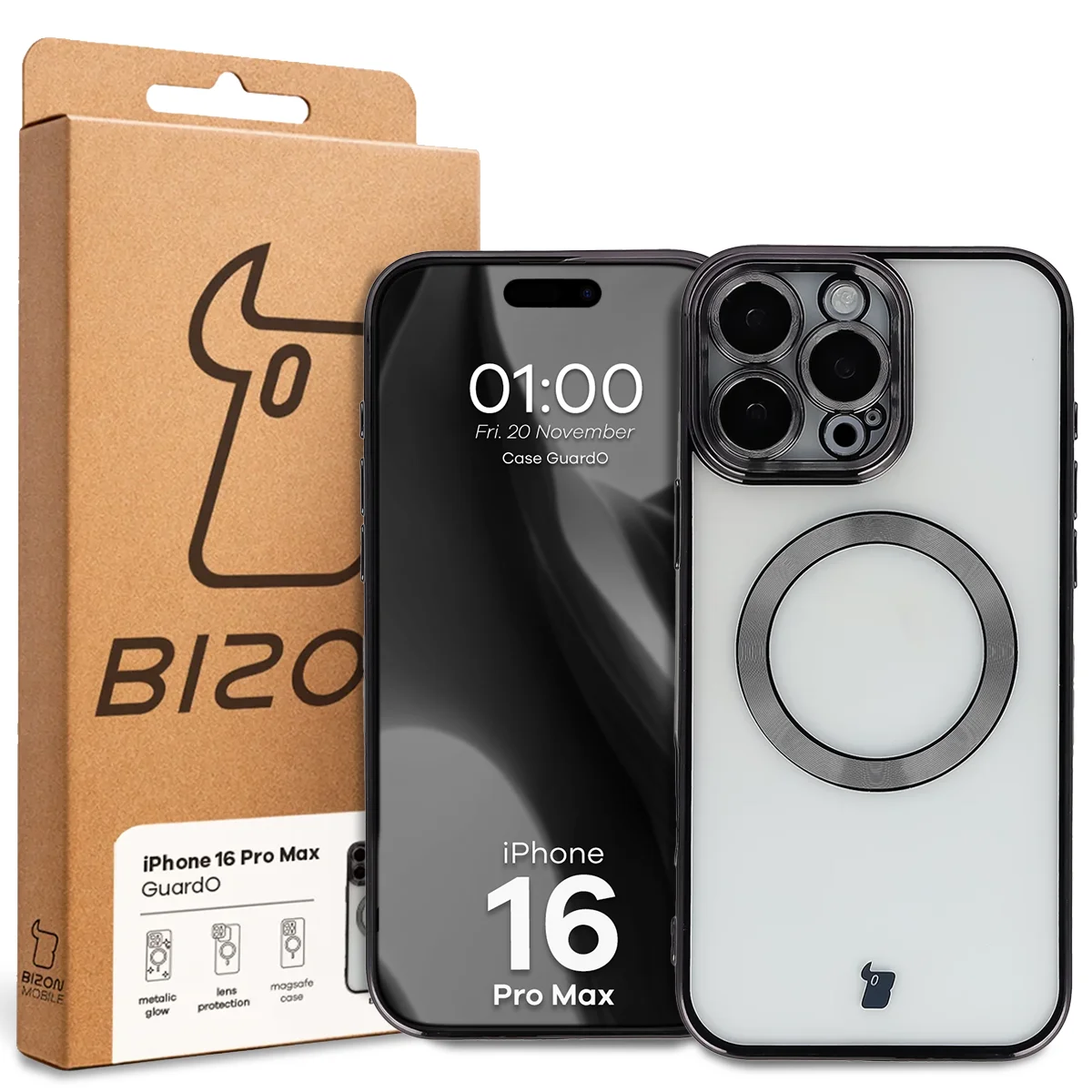 Przód pudełka Bizon Case z dedykowaną etykietą do Apple iPhone 16 Pro Max