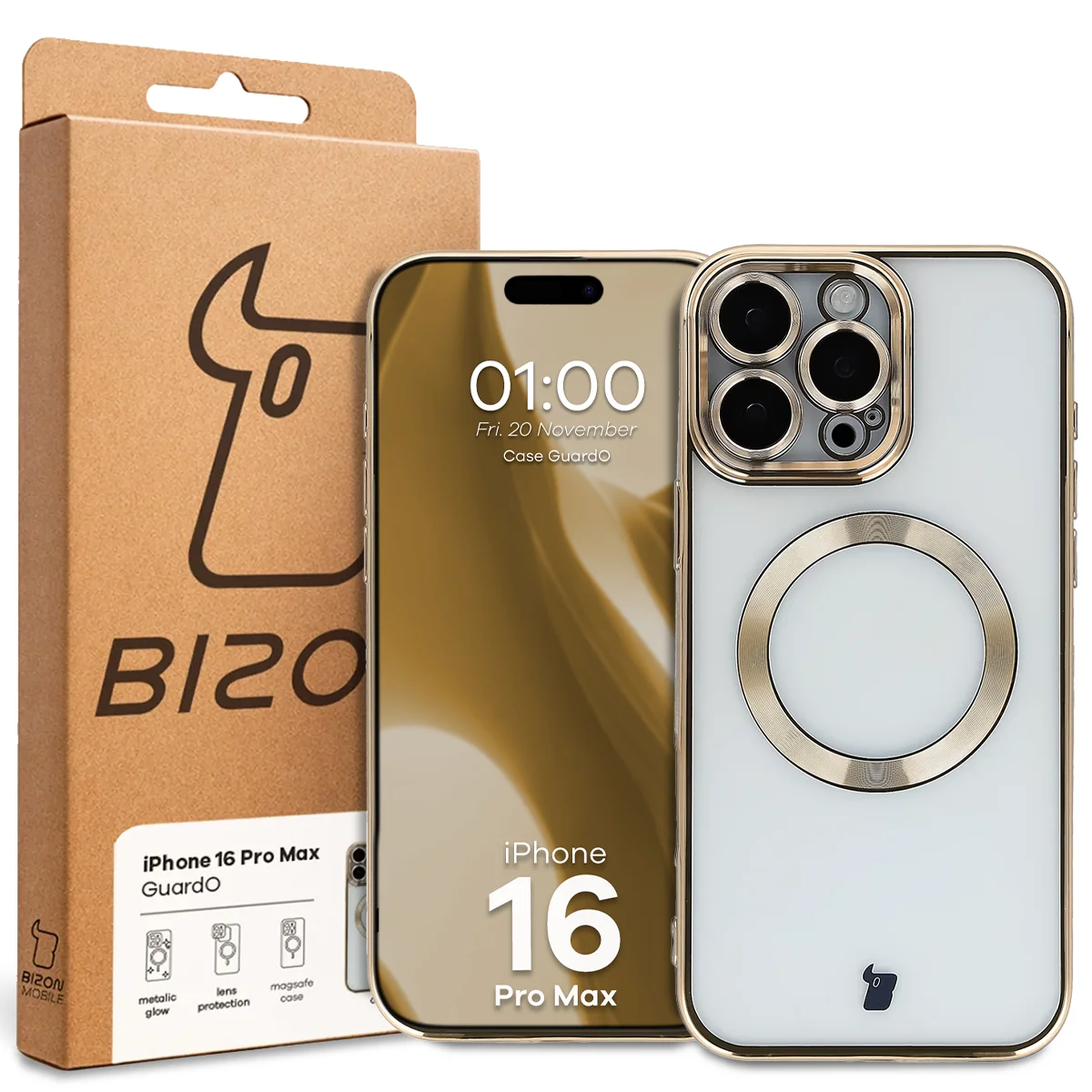 Przód pudełka Bizon Case z dedykowaną etykietą do Apple iPhone 16 Pro Max
