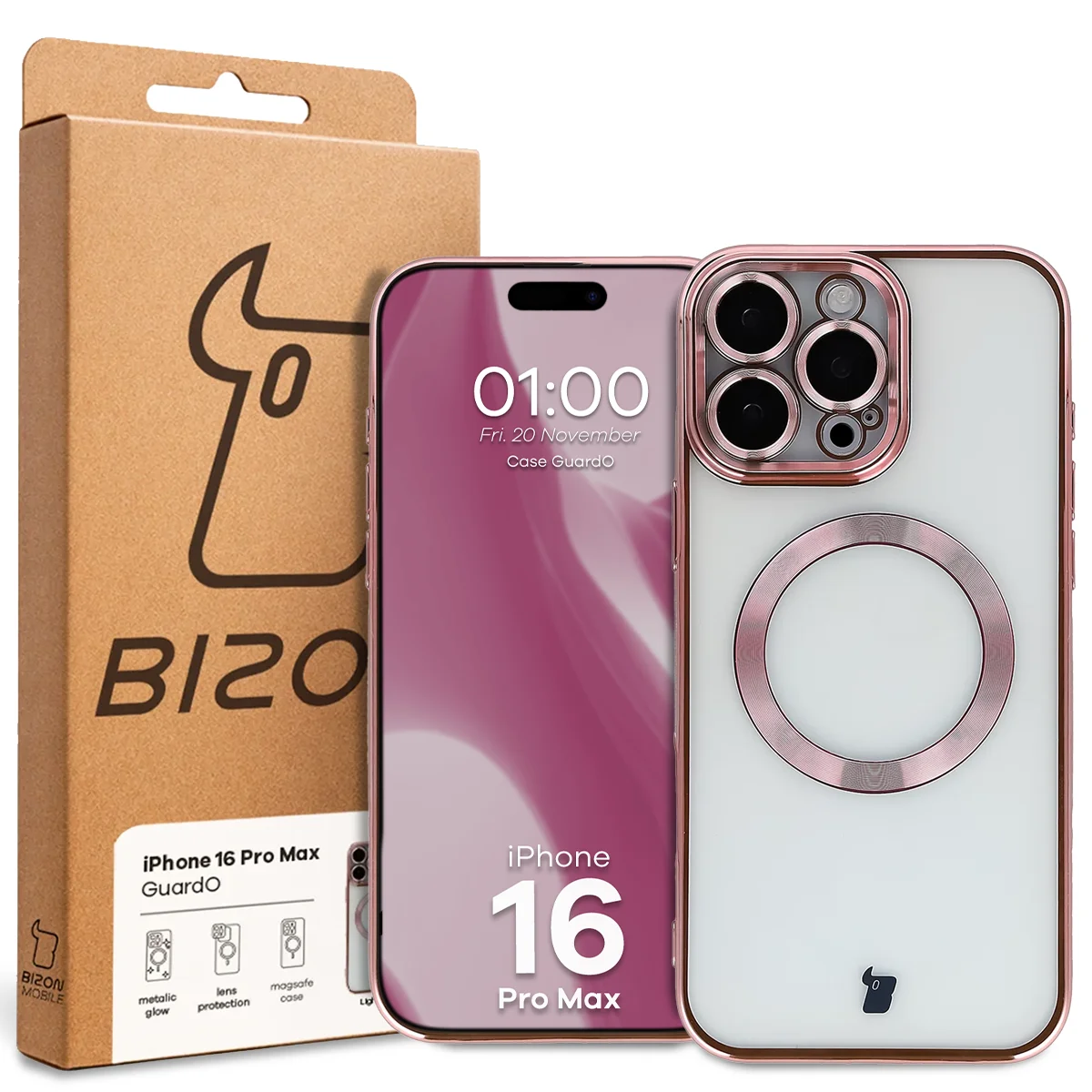 Przód pudełka Bizon Case z dedykowaną etykietą do Apple iPhone 16 Pro Max