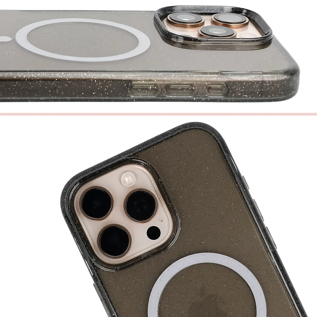 Podwyższone krawędzie aparatu i duże wycięcie w etui Bizon Case SparklO do Apple iPhone 16 Pro Max