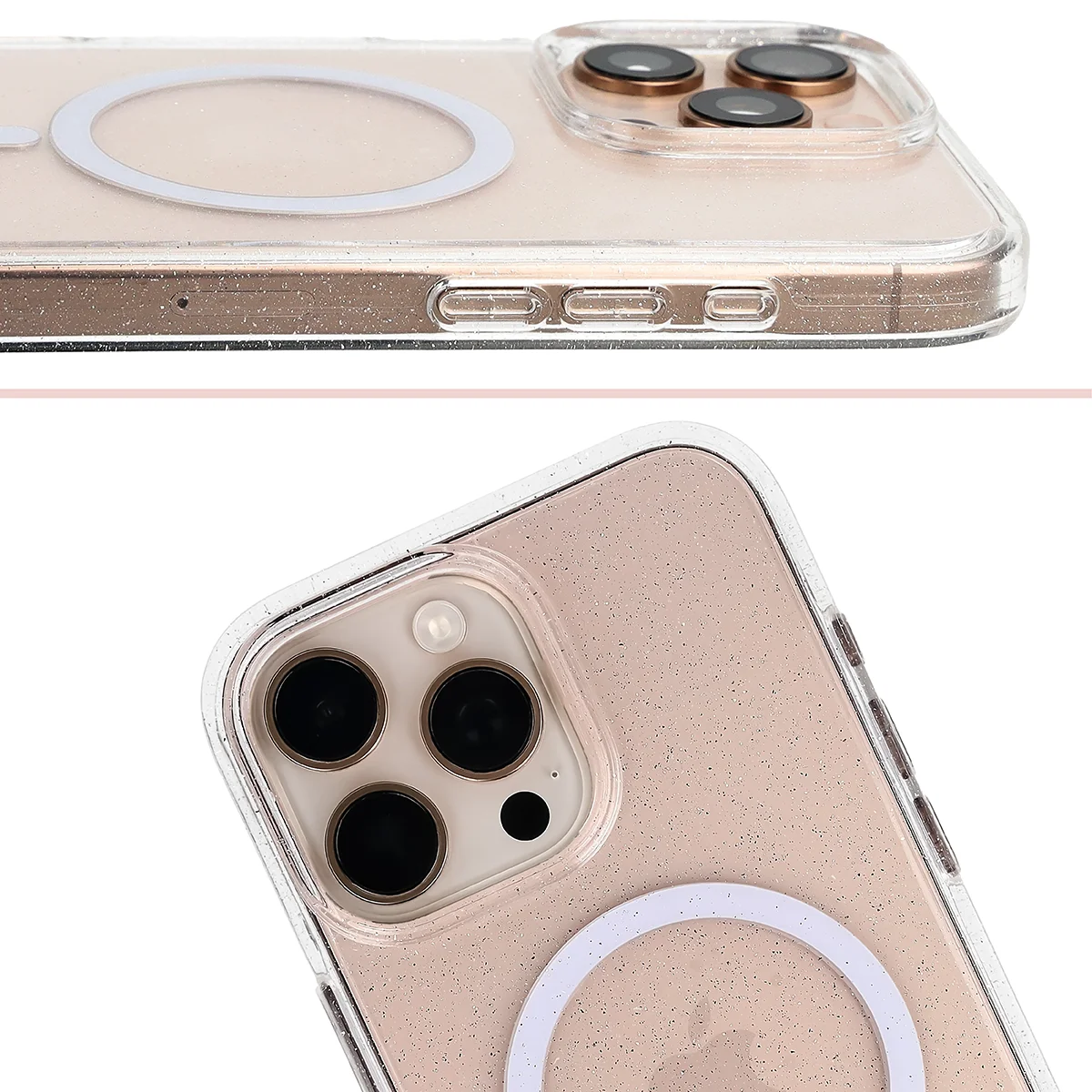 Podwyższone krawędzie aparatu i duże wycięcie w etui Bizon Case SparklO do Apple iPhone 16 Pro Max