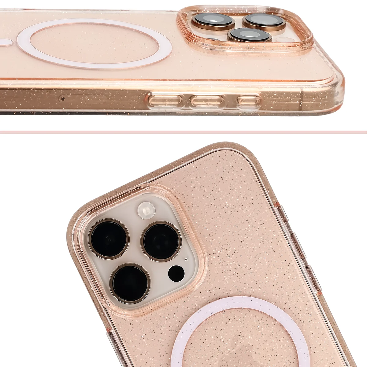 Podwyższone krawędzie aparatu i duże wycięcie w etui Bizon Case SparklO do Apple iPhone 16 Pro Max