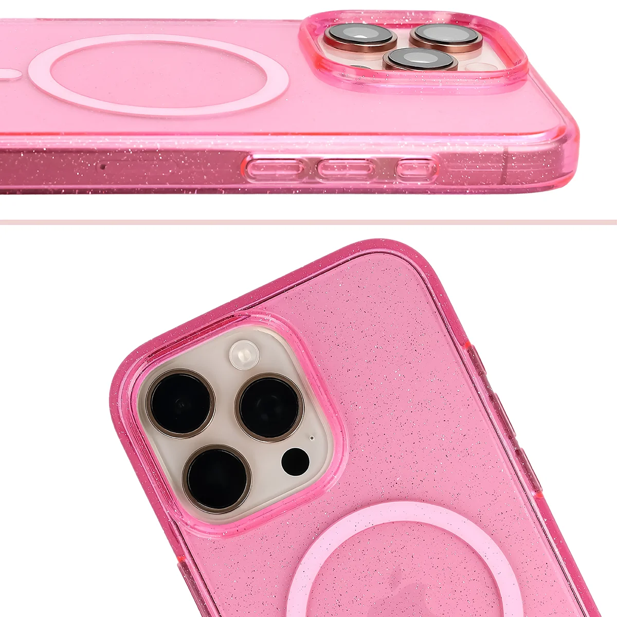 Podwyższone krawędzie aparatu i duże wycięcie w etui Bizon Case SparklO do Apple iPhone 16 Pro Max