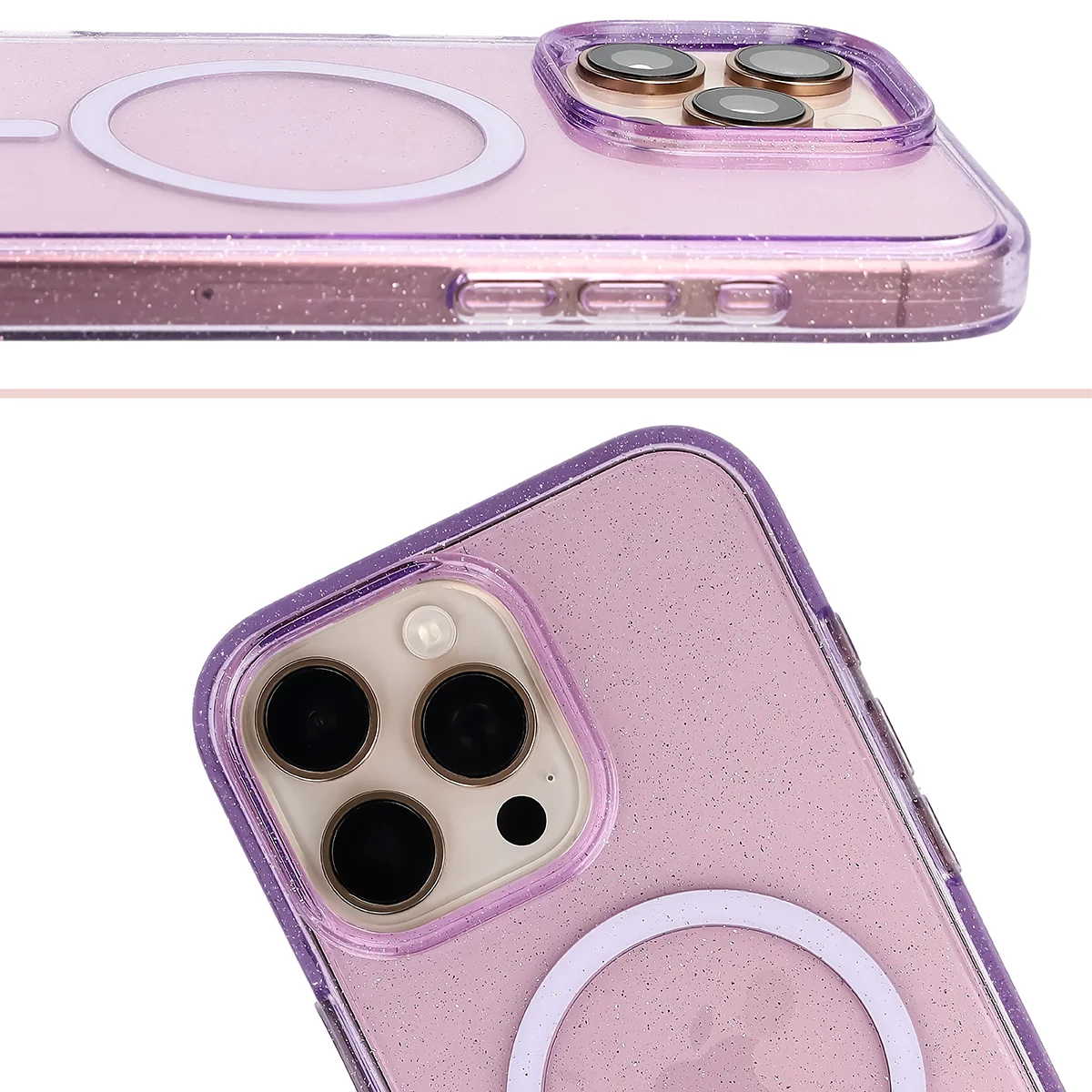 Podwyższone krawędzie aparatu i duże wycięcie w etui Bizon Case SparklO do Apple iPhone 16 Pro Max