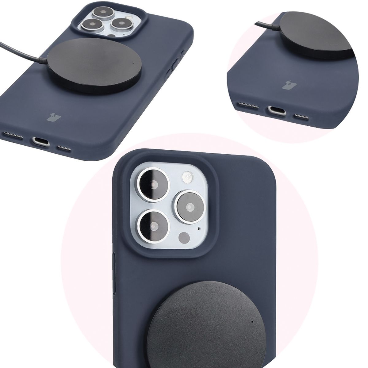 Prim-plan pe decupajele precise și posibilitatea de încărcare wireless în husa Bizon Soft Case