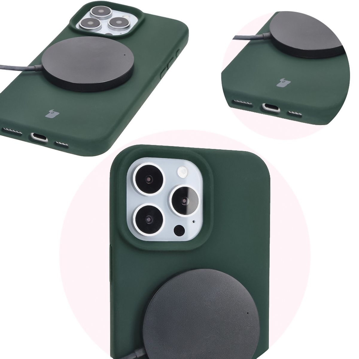 Prim-plan pe decupajele precise și posibilitatea de încărcare wireless în husa Bizon Soft Case