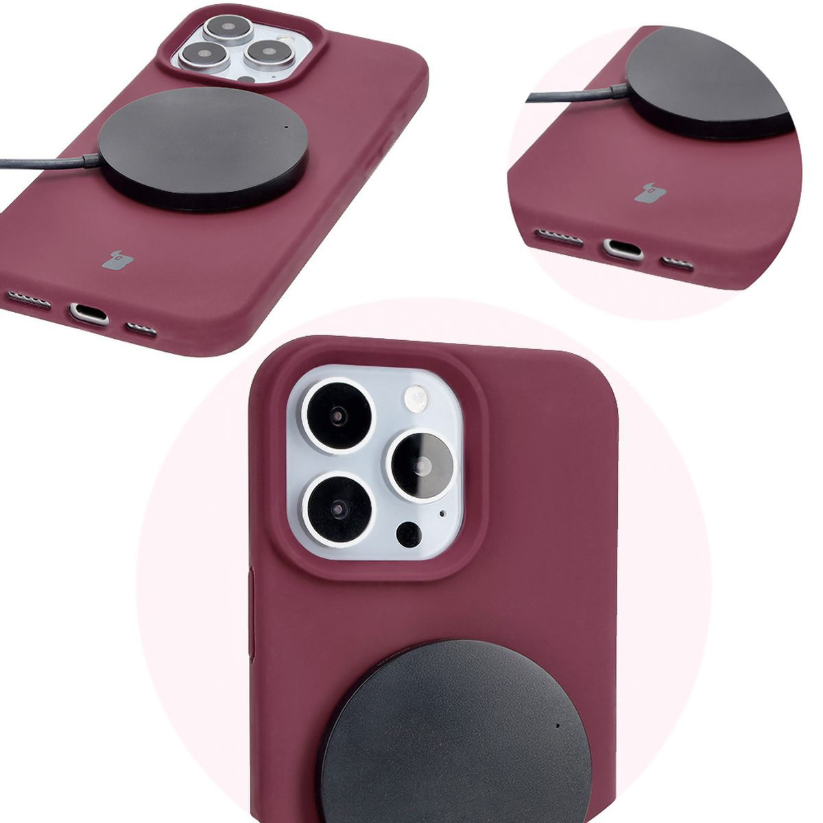 Prim-plan pe decupajele precise și posibilitatea de încărcare wireless în carcasa Bizon Soft Case