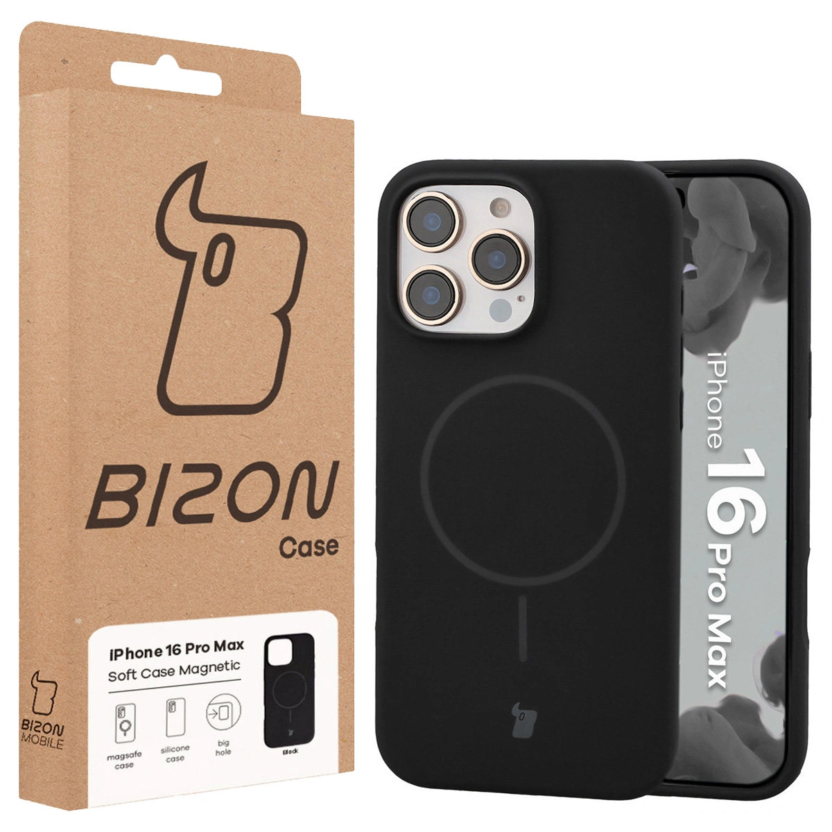 Przód pudełka Bizon Case z dedykowaną etykietą do Apple iPhone 16 Pro Max