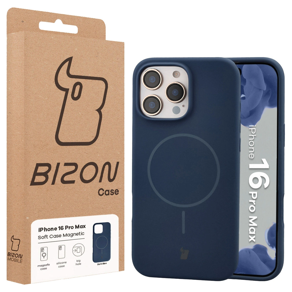 Przód pudełka Bizon Case z dedykowaną etykietą do Apple iPhone 16 Pro Max