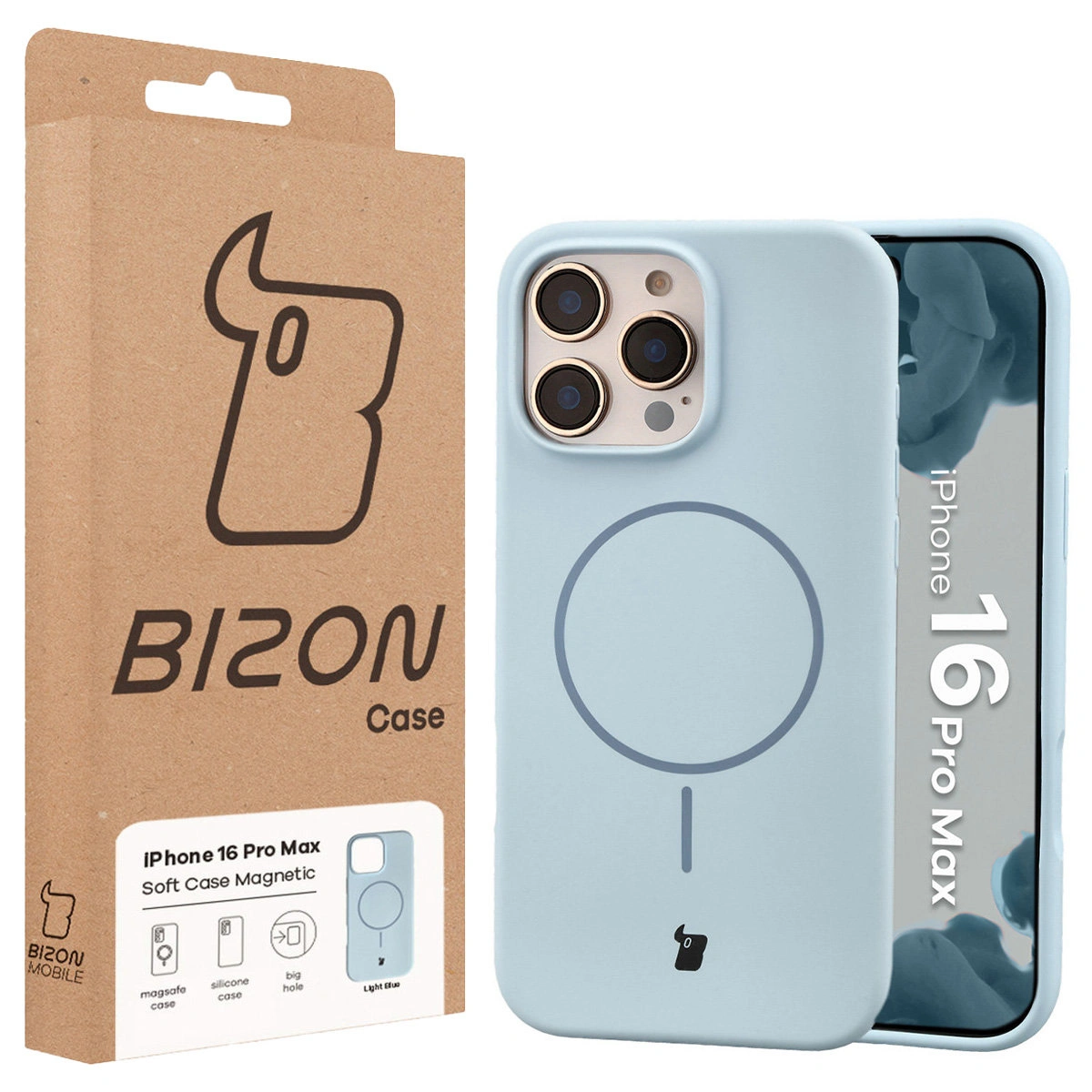 Przód pudełka Bizon Case z dedykowaną etykietą do Apple iPhone 16 Pro Max