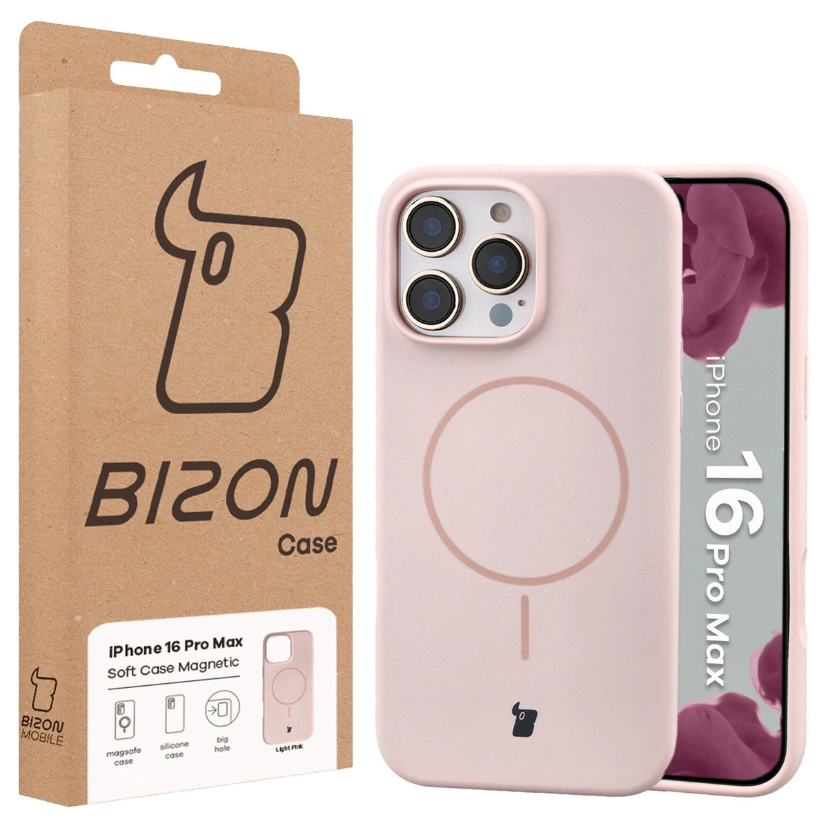 Przód pudełka Bizon Case z dedykowaną etykietą do Apple iPhone 16 Pro Max