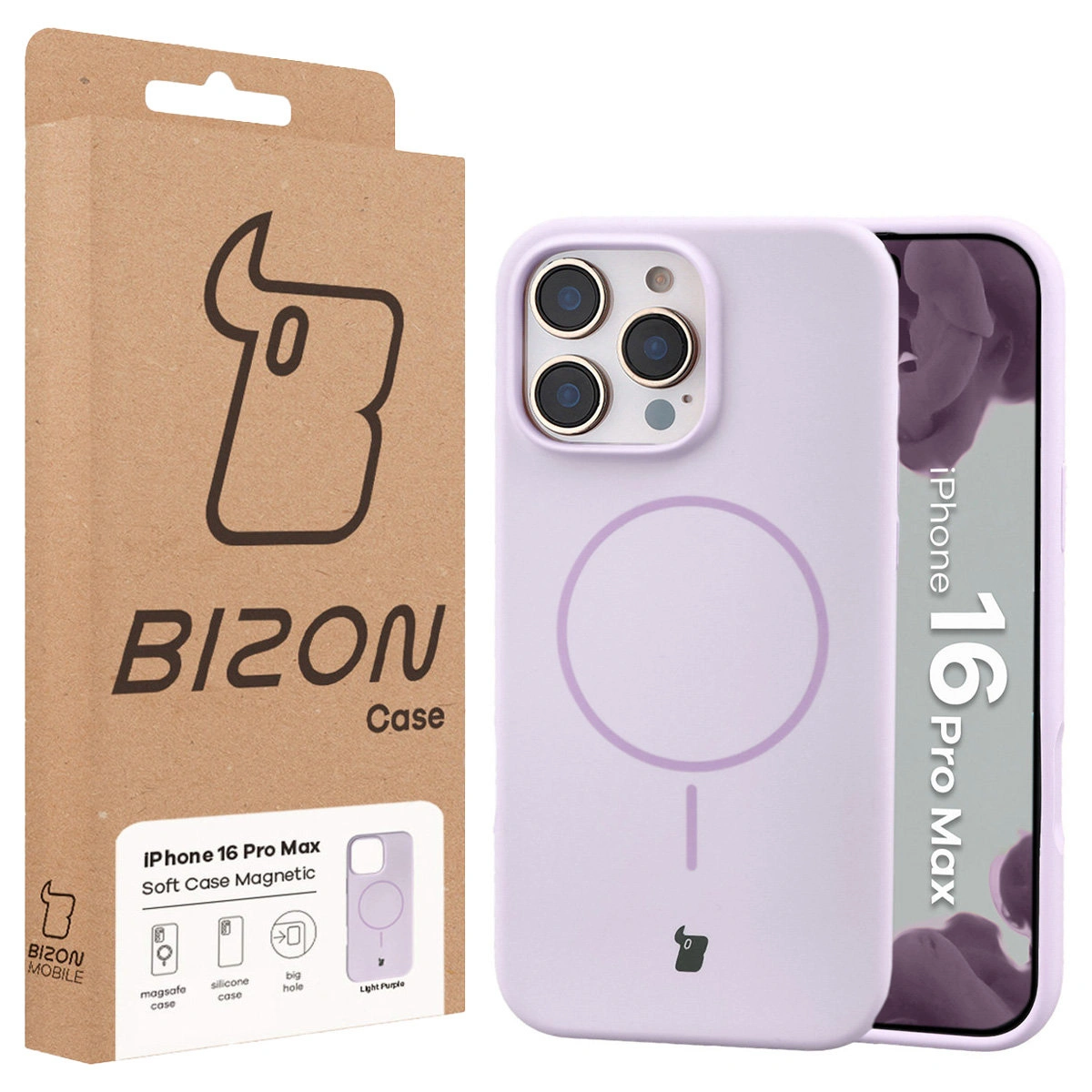 Przód pudełka Bizon Case z dedykowaną etykietą do Apple iPhone 16 Pro Max