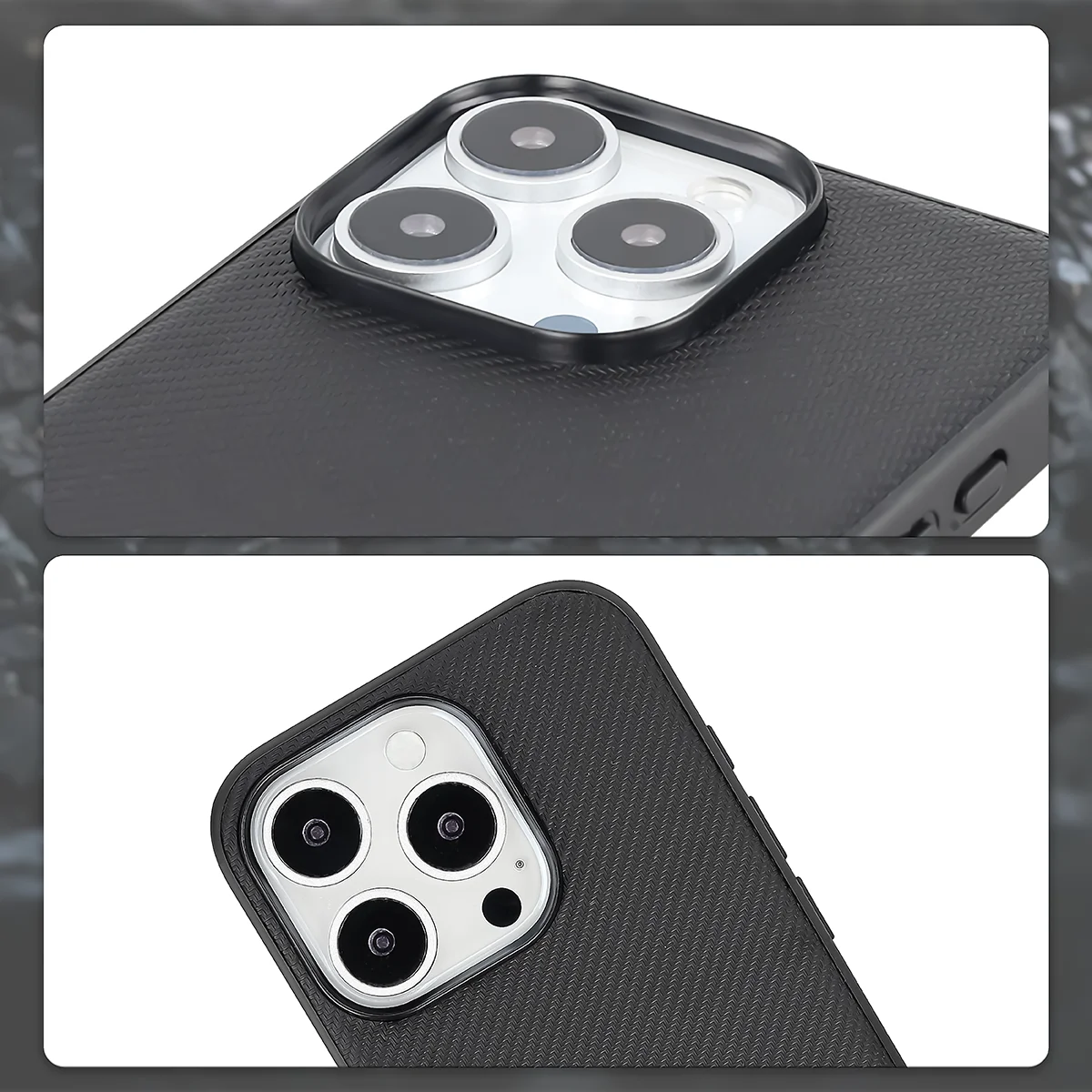 Podniesione krawędzie aparatu i wycięcie na aparat w etui Bizon Case CarbO do Apple iPhone 16 Pro