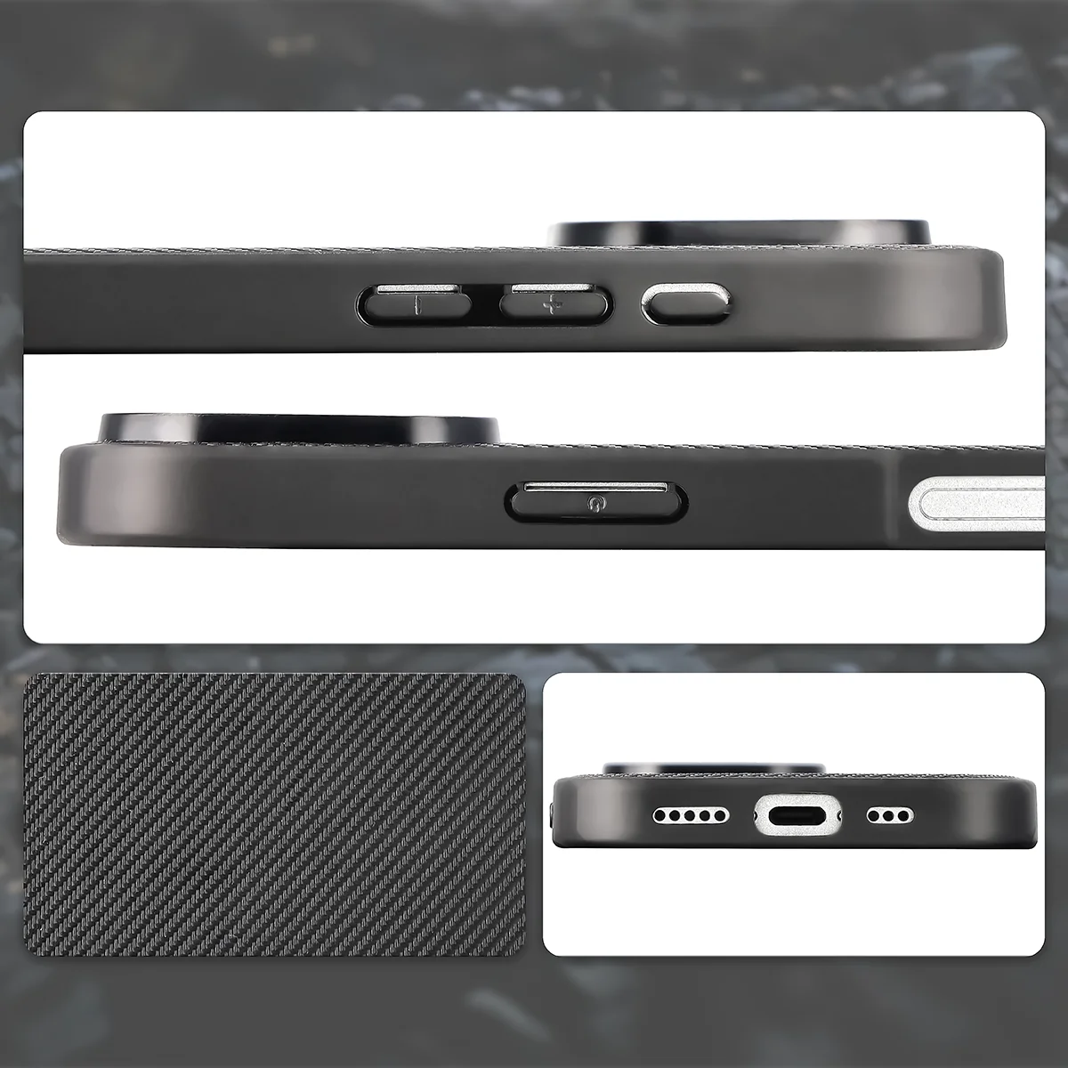 Wycięcia, zintegrowane osłony i struktura etui Bizon Case CarbO do Apple iPhone 16 Pro
