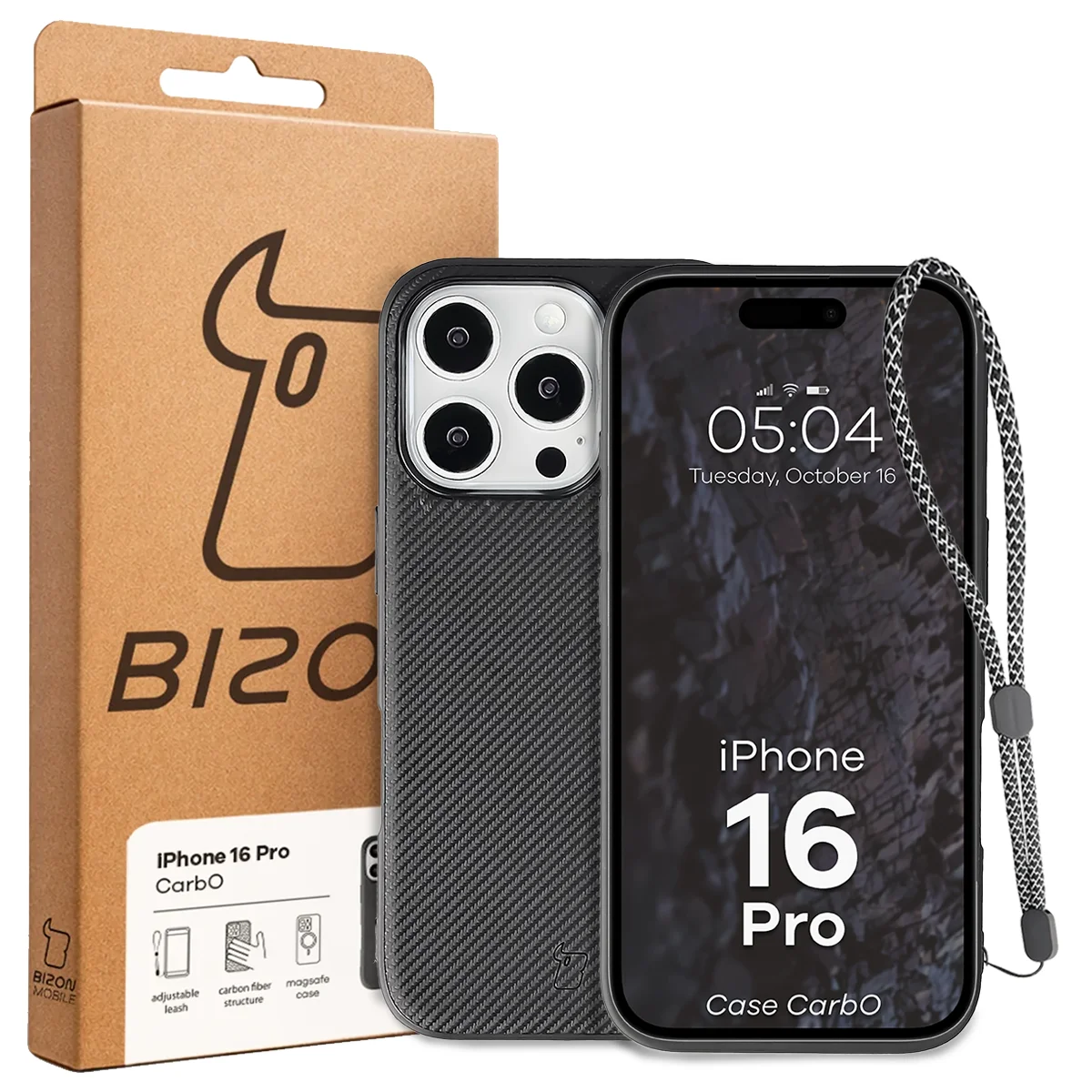 Przód pudełka Bizon Case z dedykowaną etykietą do Apple iPhone 16 Pro