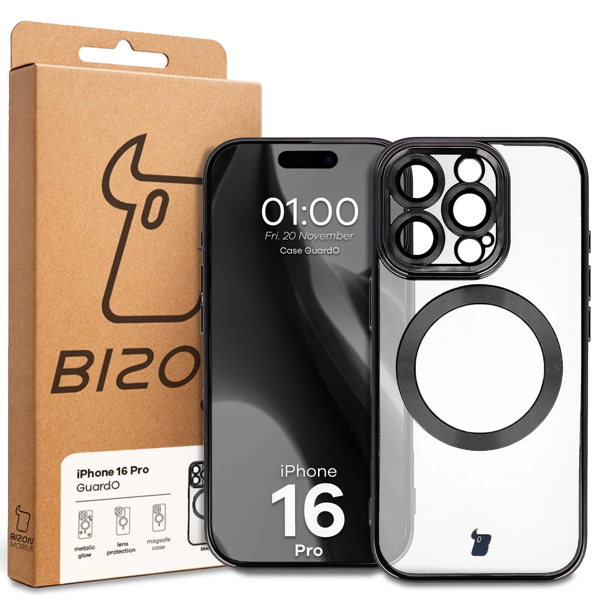 Front of the Bizon Case box with a dedicated label for Apple iPhone 16 Pro