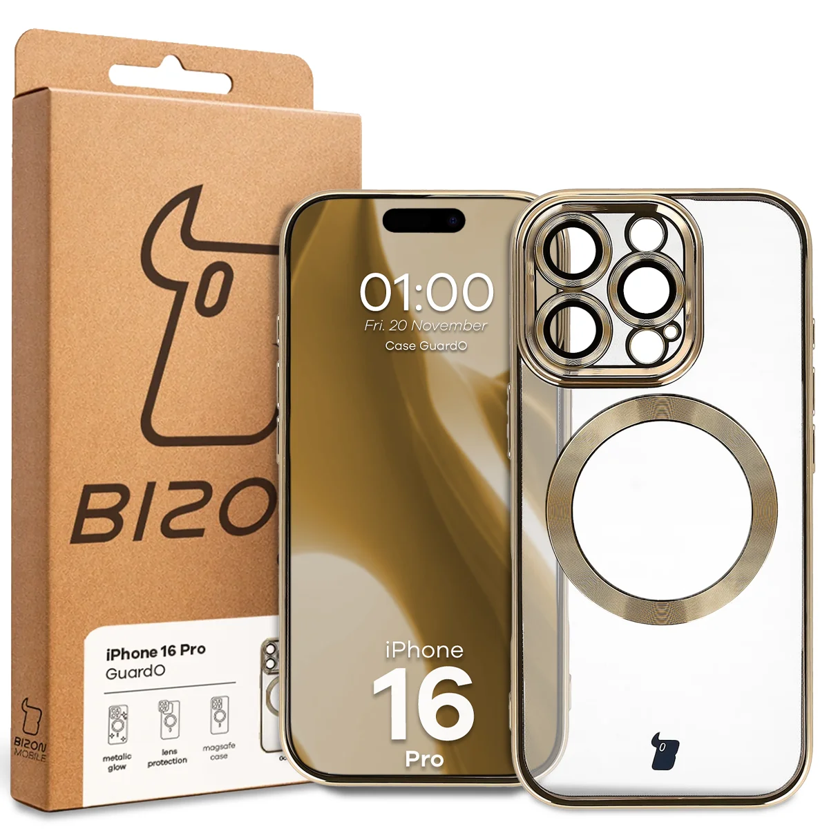 Front of the Bizon Case box with a dedicated label for Apple iPhone 16 Pro