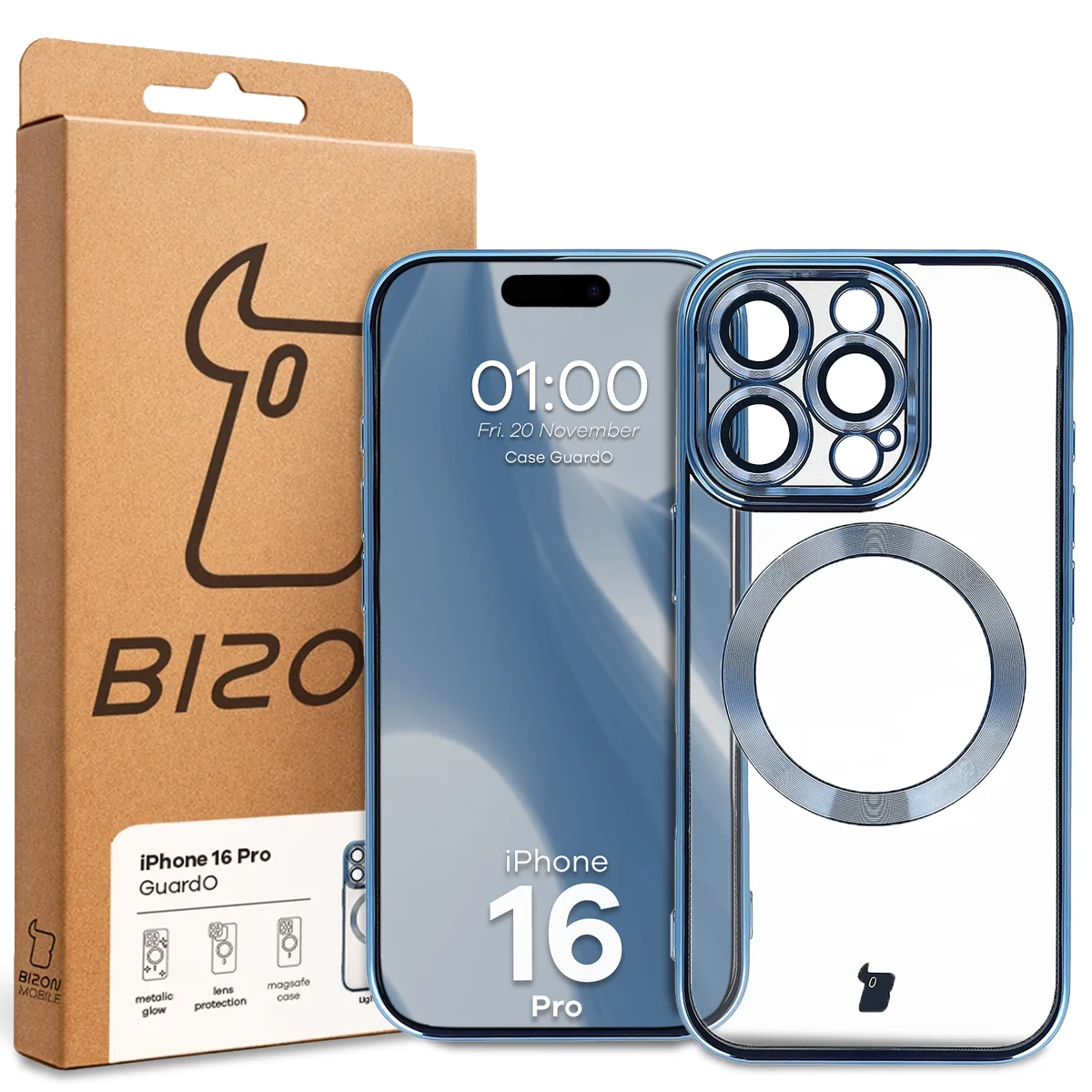 Front of the Bizon Case box with a dedicated label for Apple iPhone 16 Pro
