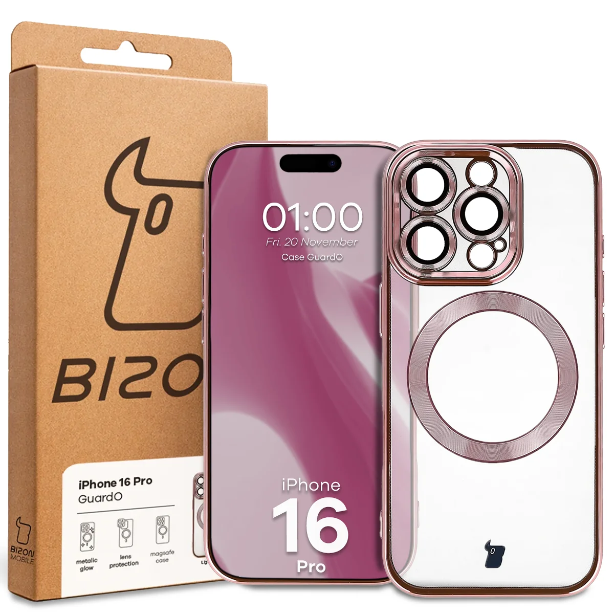 Front of the Bizon Case box with a dedicated label for Apple iPhone 16 Pro