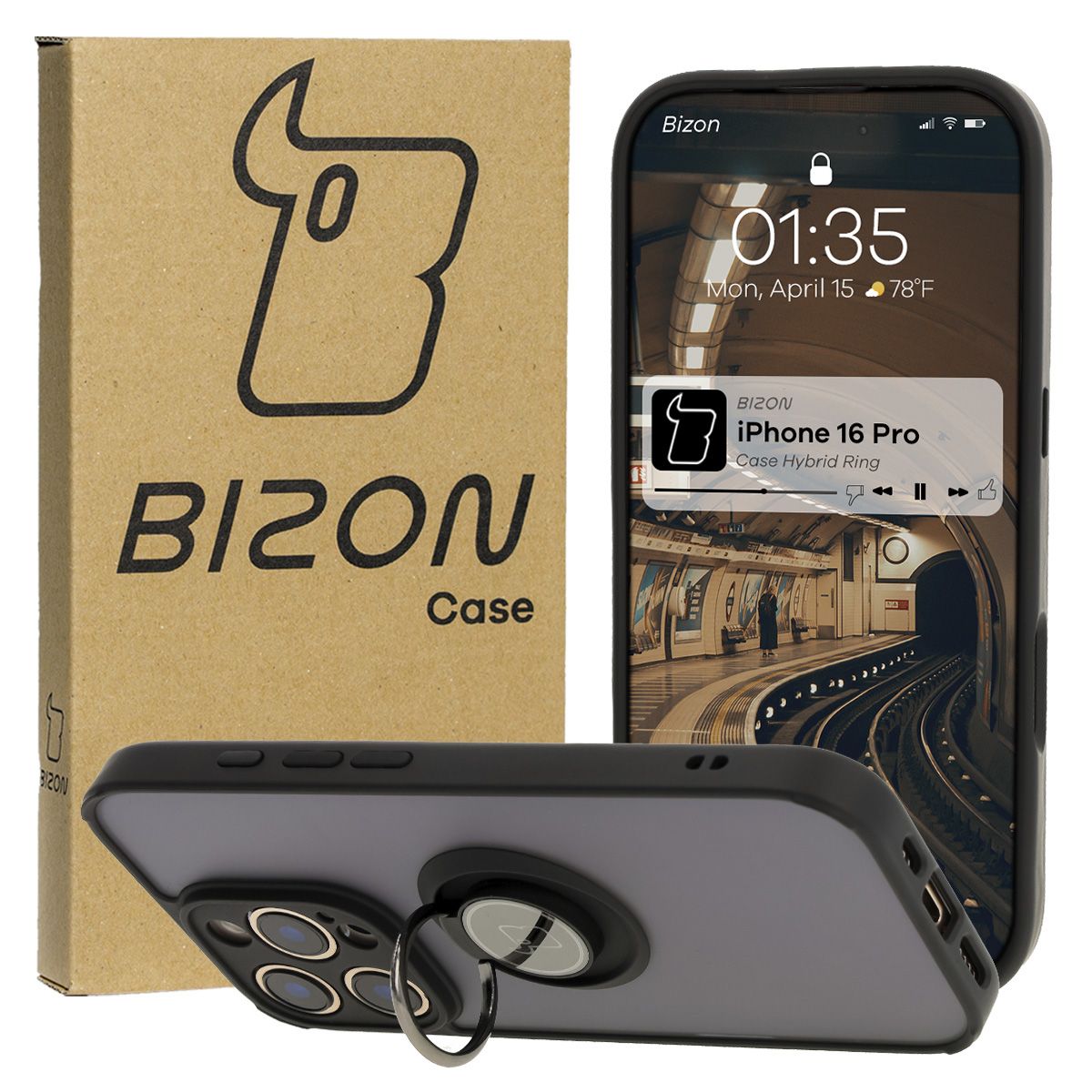 Husă cu suport pentru deget Bizon Case Hybrid Ring pentru Apple iPhone 16 Pro