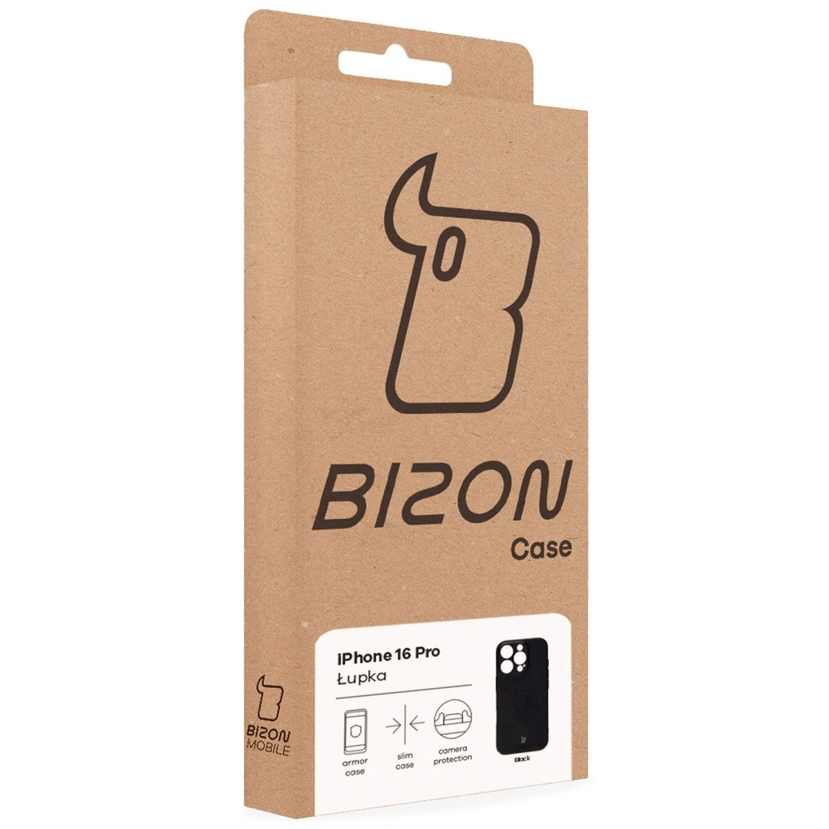 Front of the Bizon Case box with a dedicated label for Apple iPhone 16 Pro