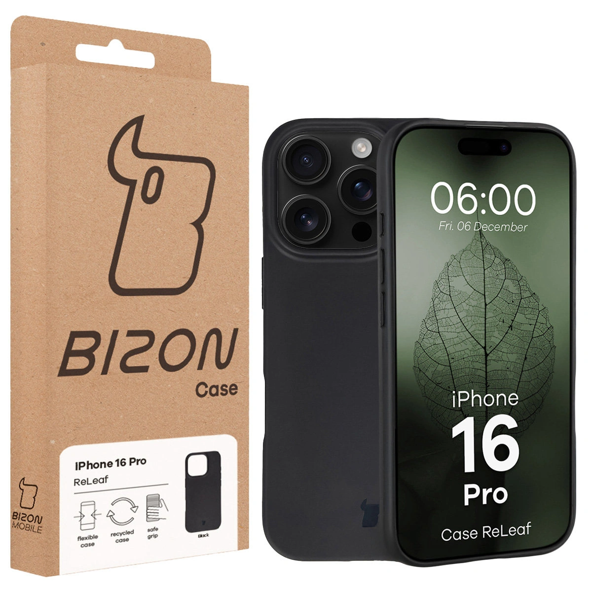 Vorderseite der Bizon Case Verpackung mit einem speziellen Etikett für das Apple iPhone 16 Pro