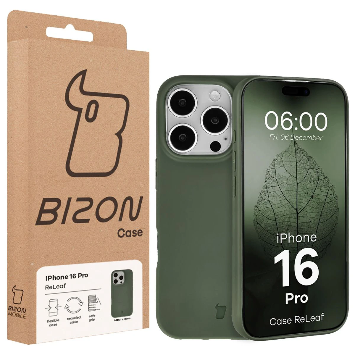 Fața cutiei Bizon Case cu eticheta dedicată pentru Apple iPhone 16 Pro