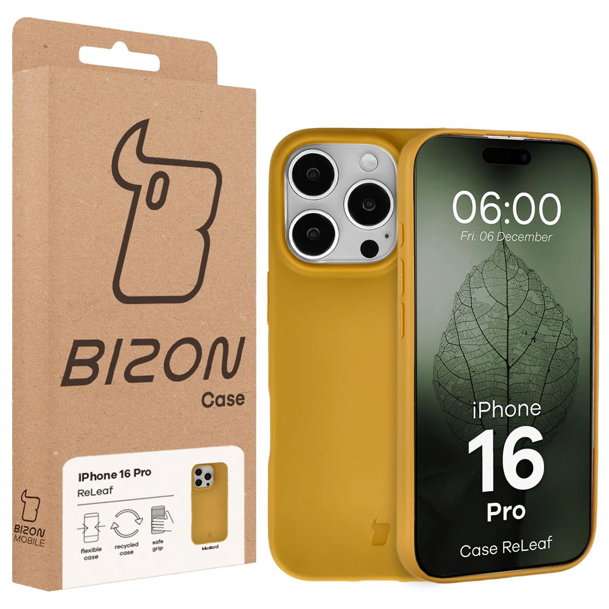 Fața cutiei Bizon Case cu eticheta dedicată pentru Apple iPhone 16 Pro
