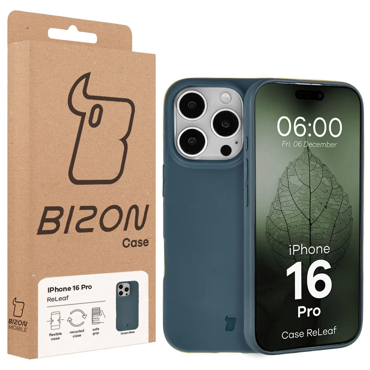 Fața cutiei Bizon Case cu eticheta dedicată pentru Apple iPhone 16 Pro