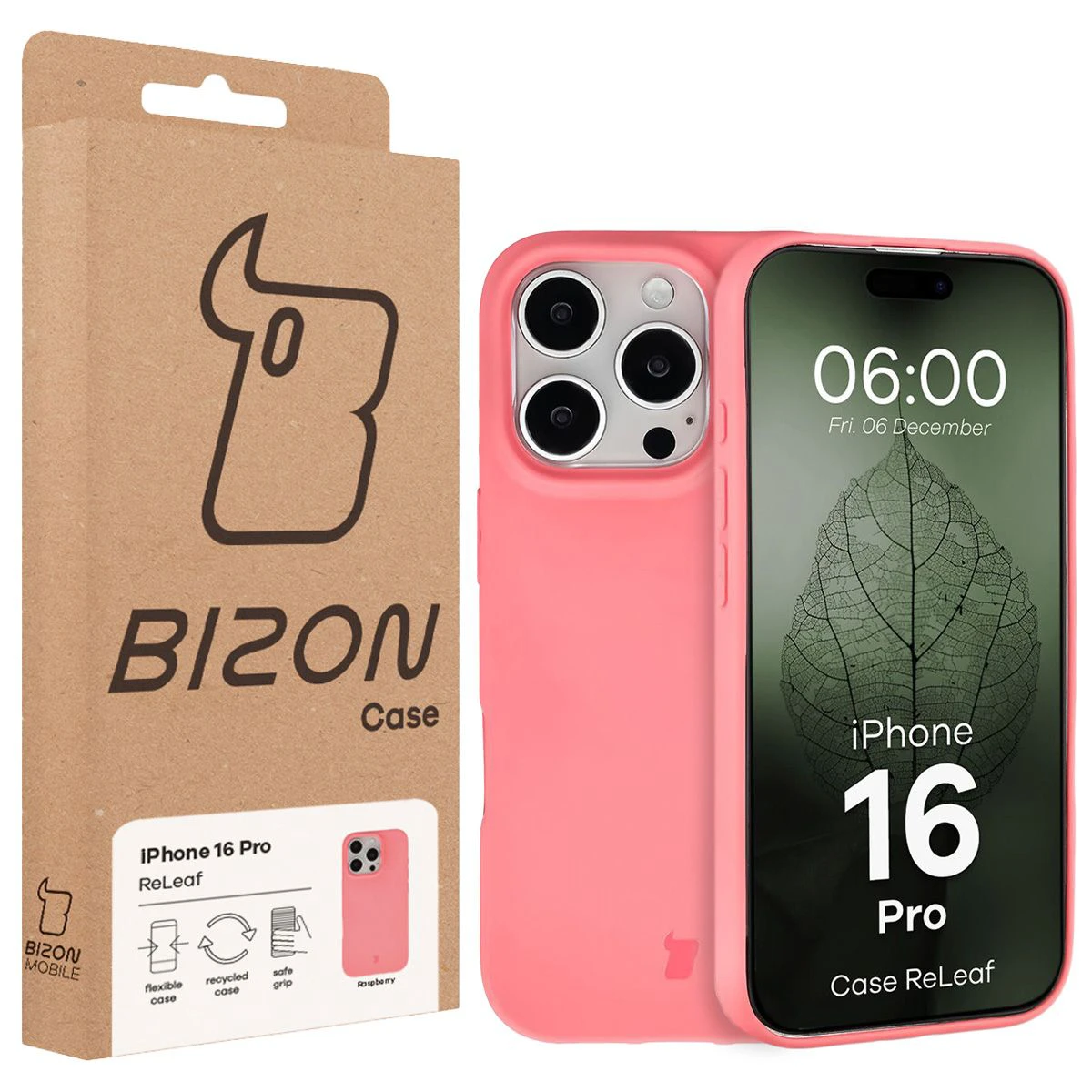 Partea din față a cutiei Bizon Case cu eticheta dedicată pentru Apple iPhone 16 Pro