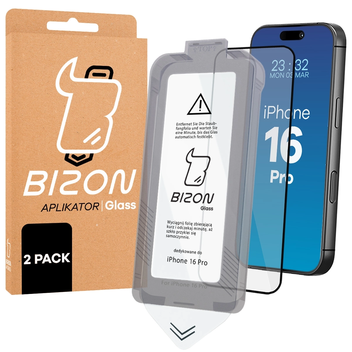 Szkło hartowane z ramką do montażu Bizon Glass Aplikator do iPhone 16 Pro, 2 sztuki