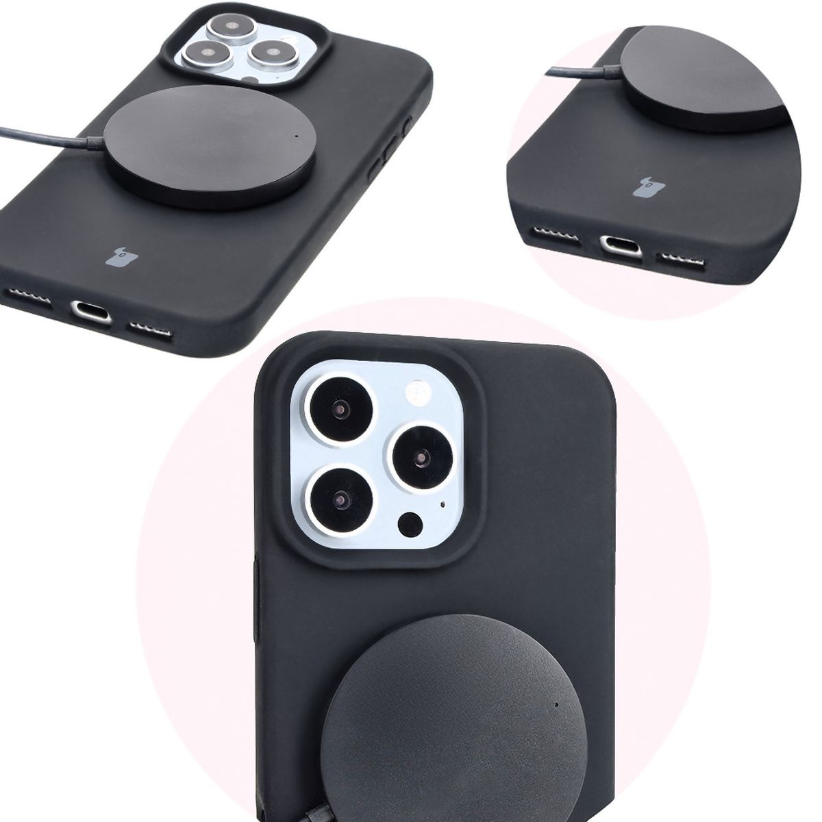 Prim-plan pe decupajele precise și posibilitatea de încărcare wireless în husa Bizon Soft Case