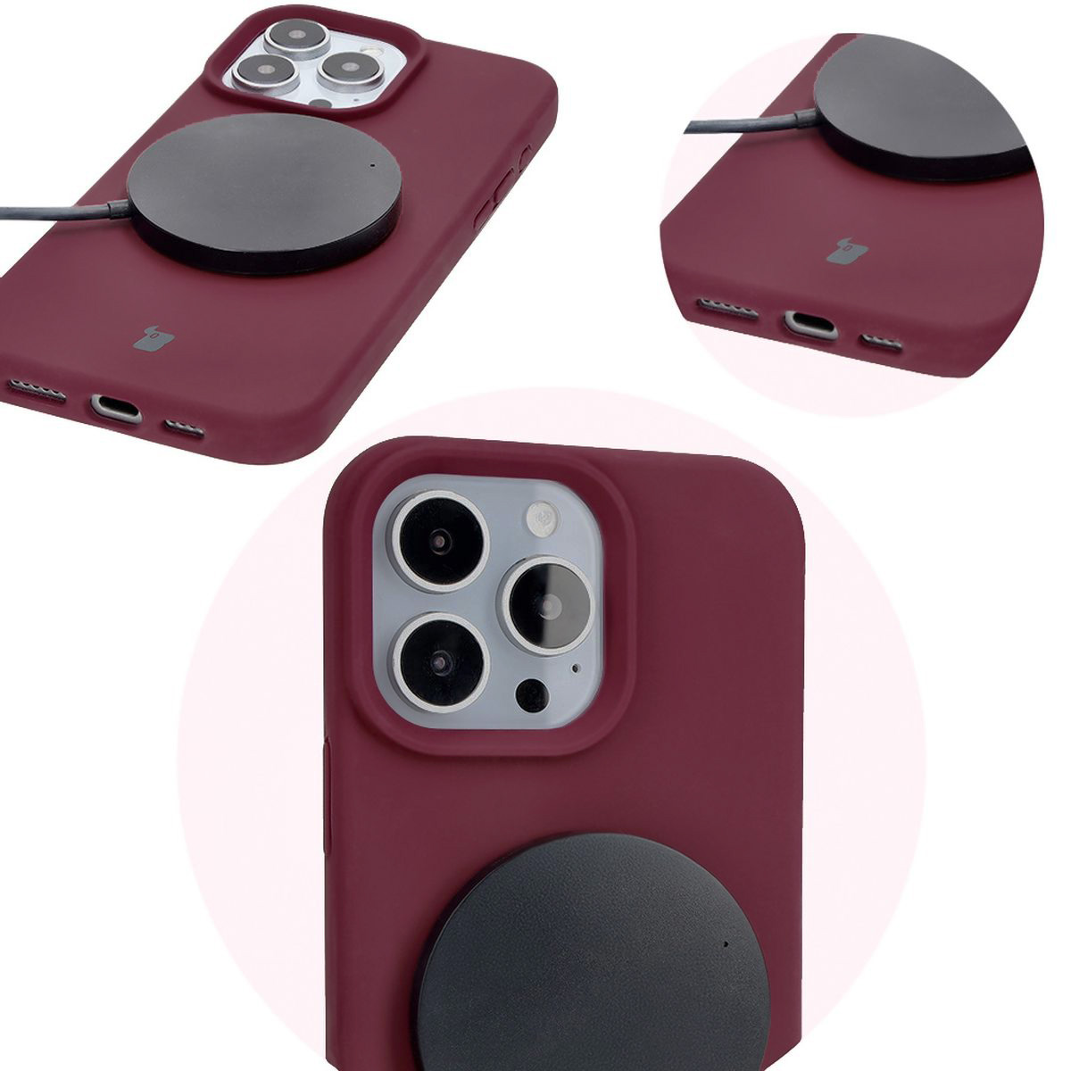 Prim-plan al decupărilor precise și posibilitatea de încărcare wireless în husa Bizon Soft Case