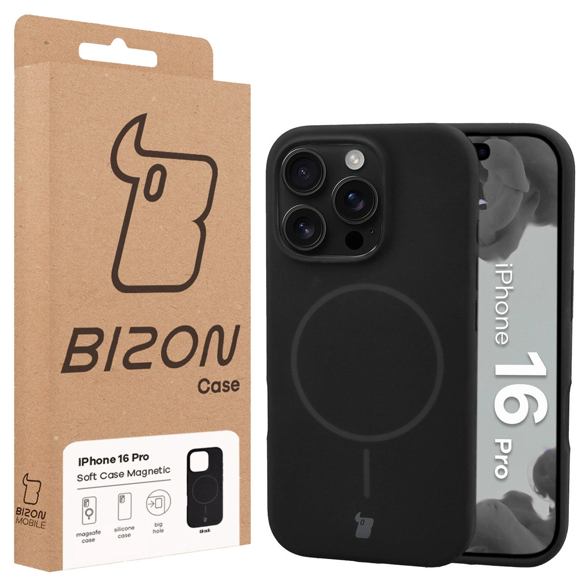 Przód pudełka Bizon Case z dedykowaną etykietą do Apple iPhone 16 Pro