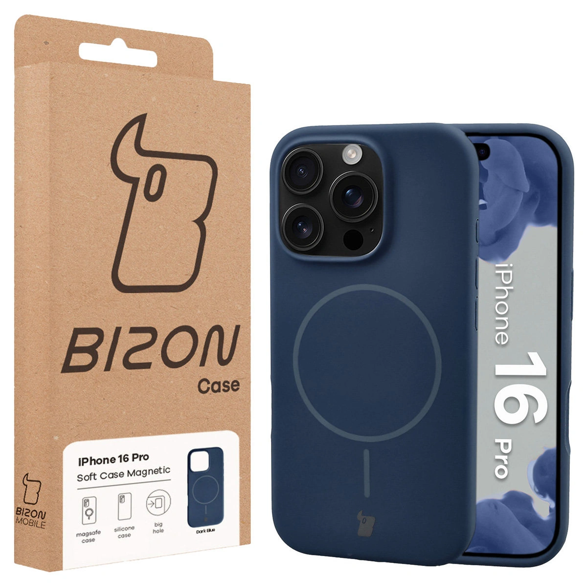Przód pudełka Bizon Case z dedykowaną etykietą do Apple iPhone 16 Pro