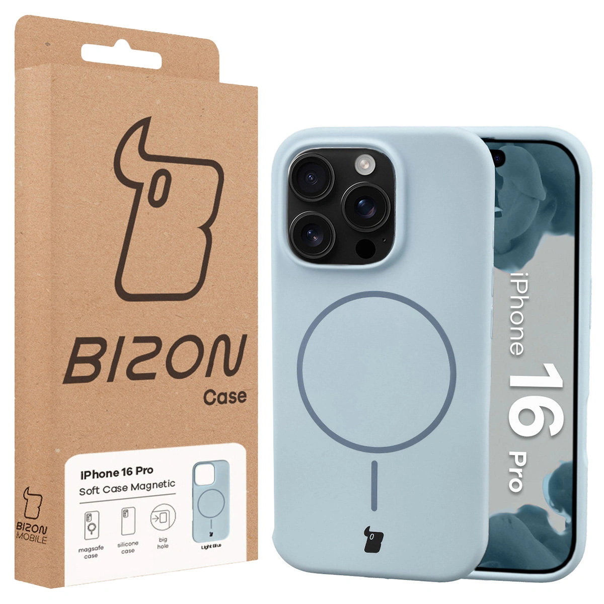 Przód pudełka Bizon Case z dedykowaną etykietą do Apple iPhone 16 Pro