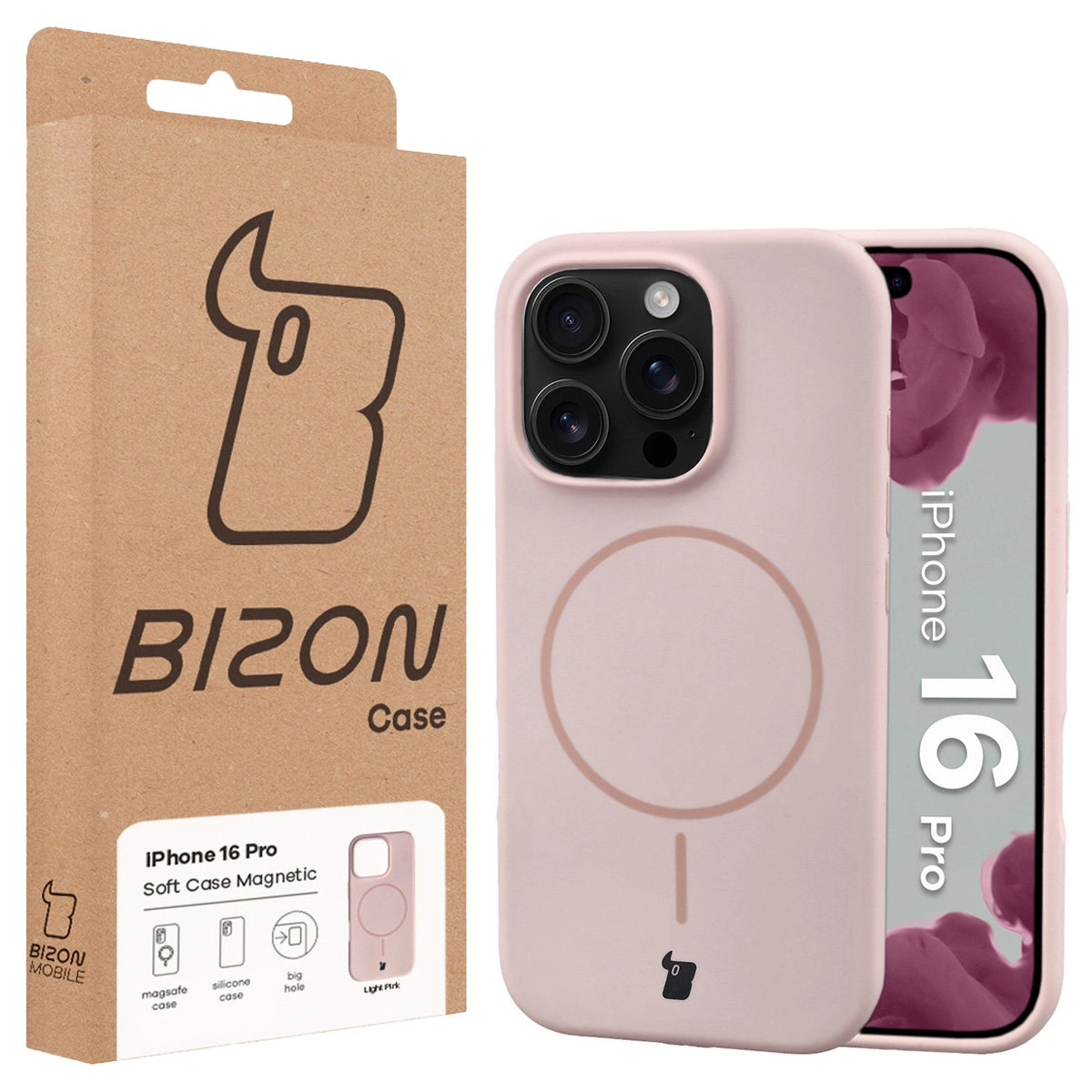 Przód pudełka Bizon Case z dedykowaną etykietą do Apple iPhone 16 Pro