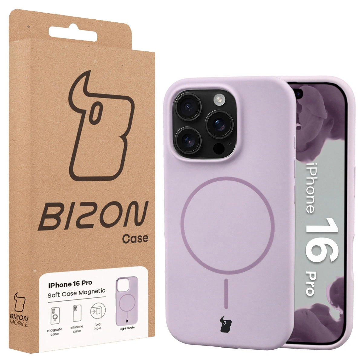 Przód pudełka Bizon Case z dedykowaną etykietą do Apple iPhone 16 Pro