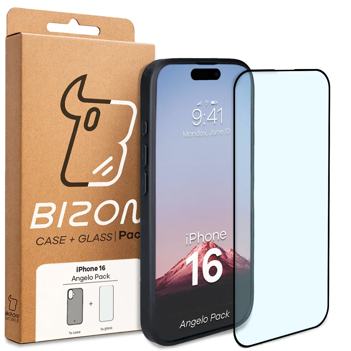 Przód pudełka Bizon Case Angelo Pack z dedykowaną etykietą do Apple iPhone 16