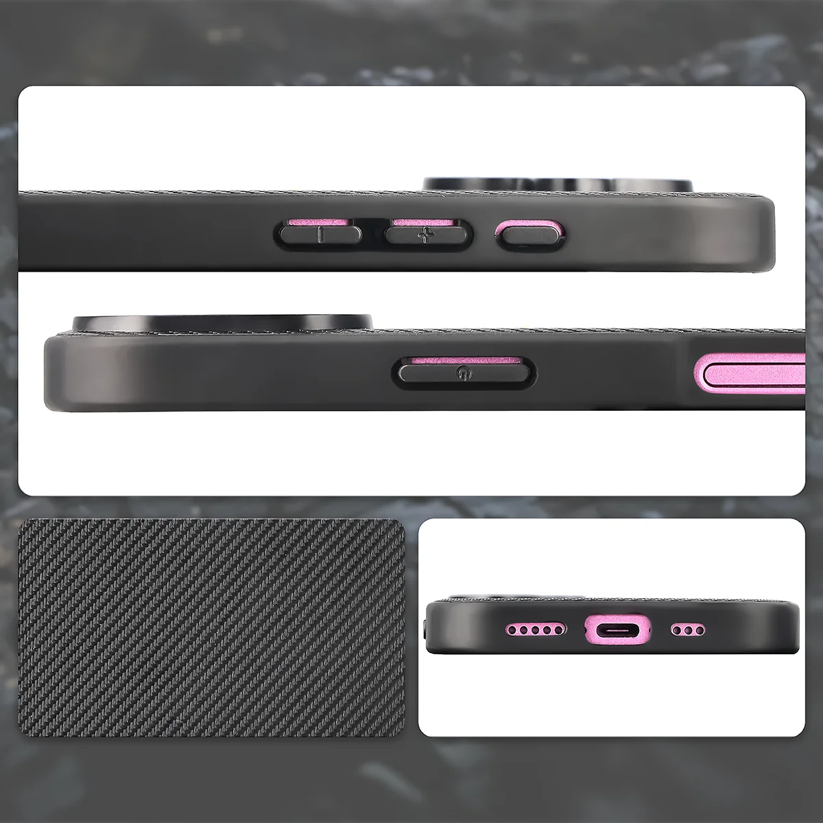 Výřezy, integrované kryty a struktura pouzdra Bizon Case CarbO pro Apple iPhone 16