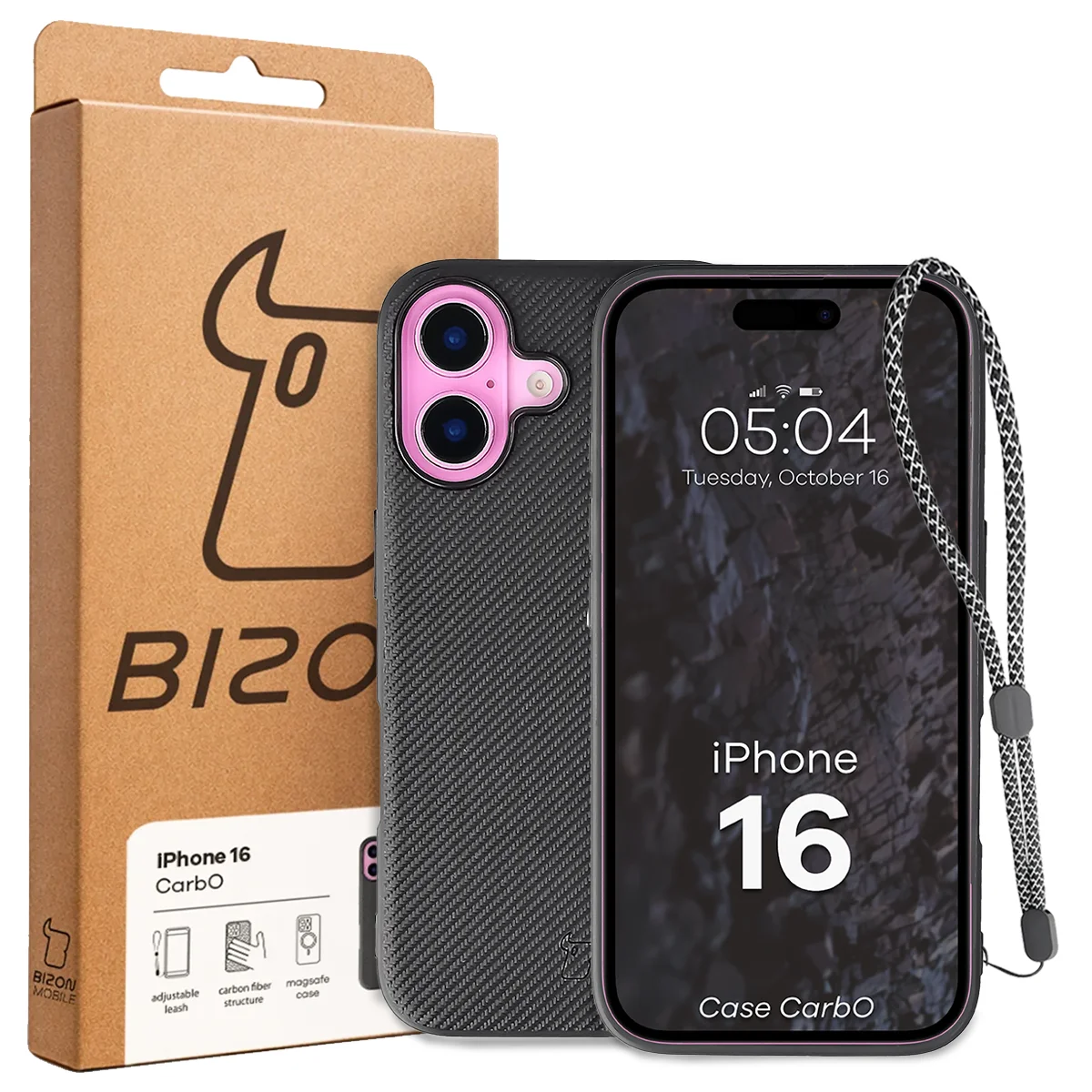 Přední strana krabice Bizon Case s dedikovanou etiketou pro Apple iPhone 16