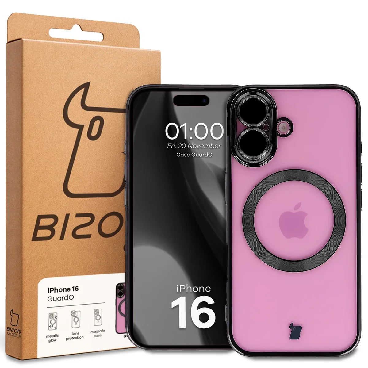 Przód pudełka Bizon Case z dedykowaną etykietą do Apple iPhone 16