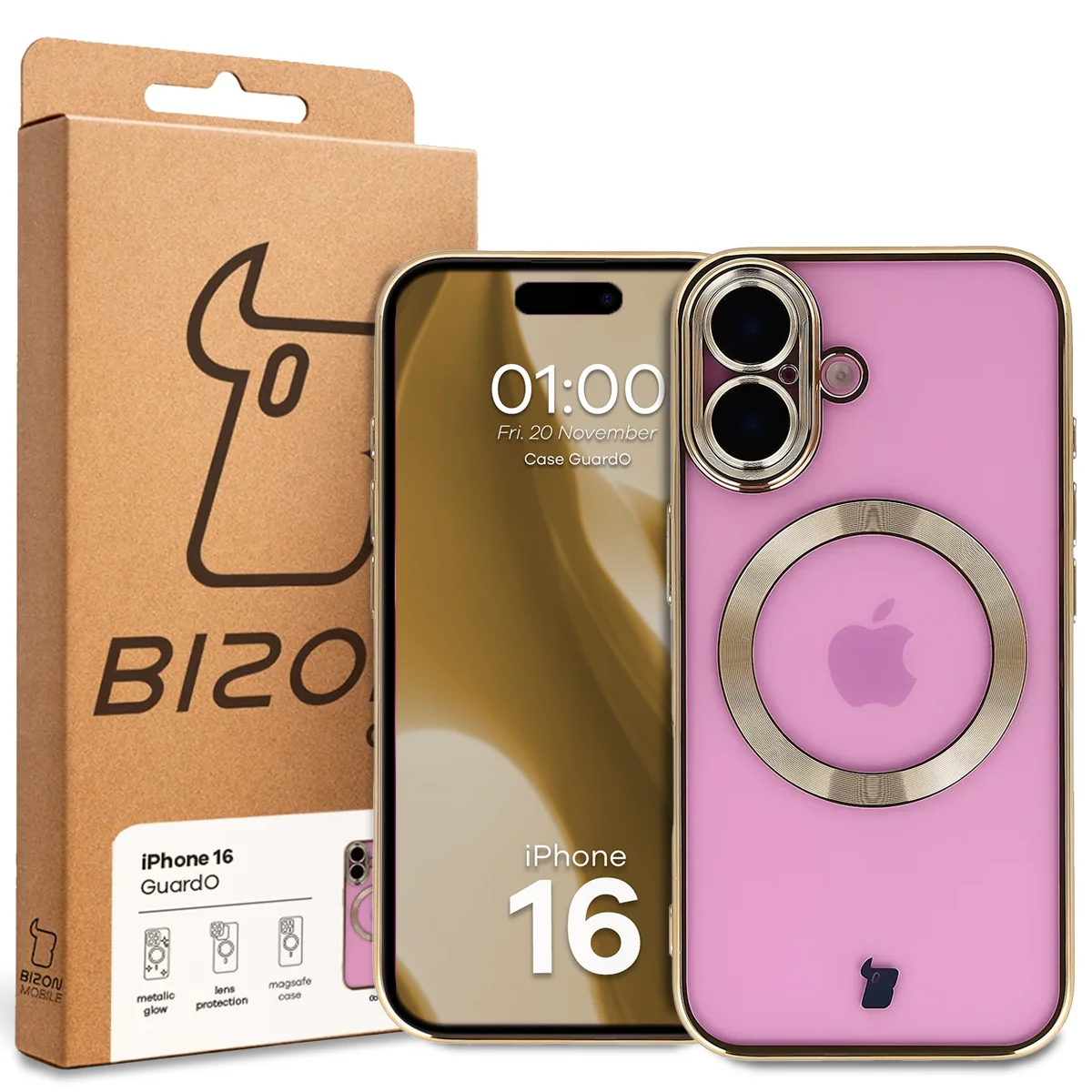 Przód pudełka Bizon Case z dedykowaną etykietą do Apple iPhone 16